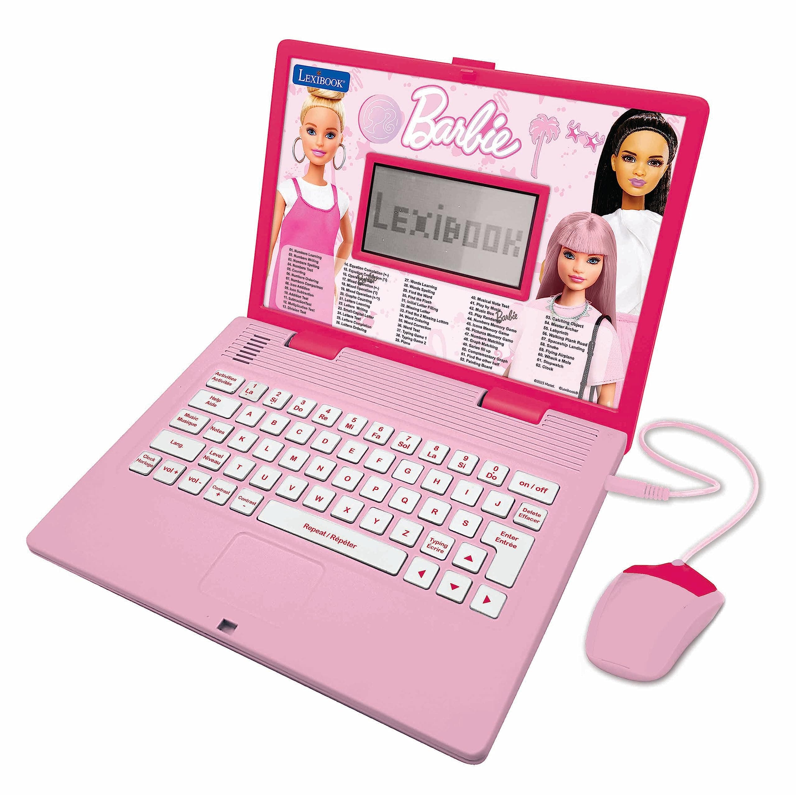 – Lexibook Barbie, Educational and Bilingual Laptop in English/French, Toy for children with 124 activities to learn, play games and music, Pink, JC598BBi1