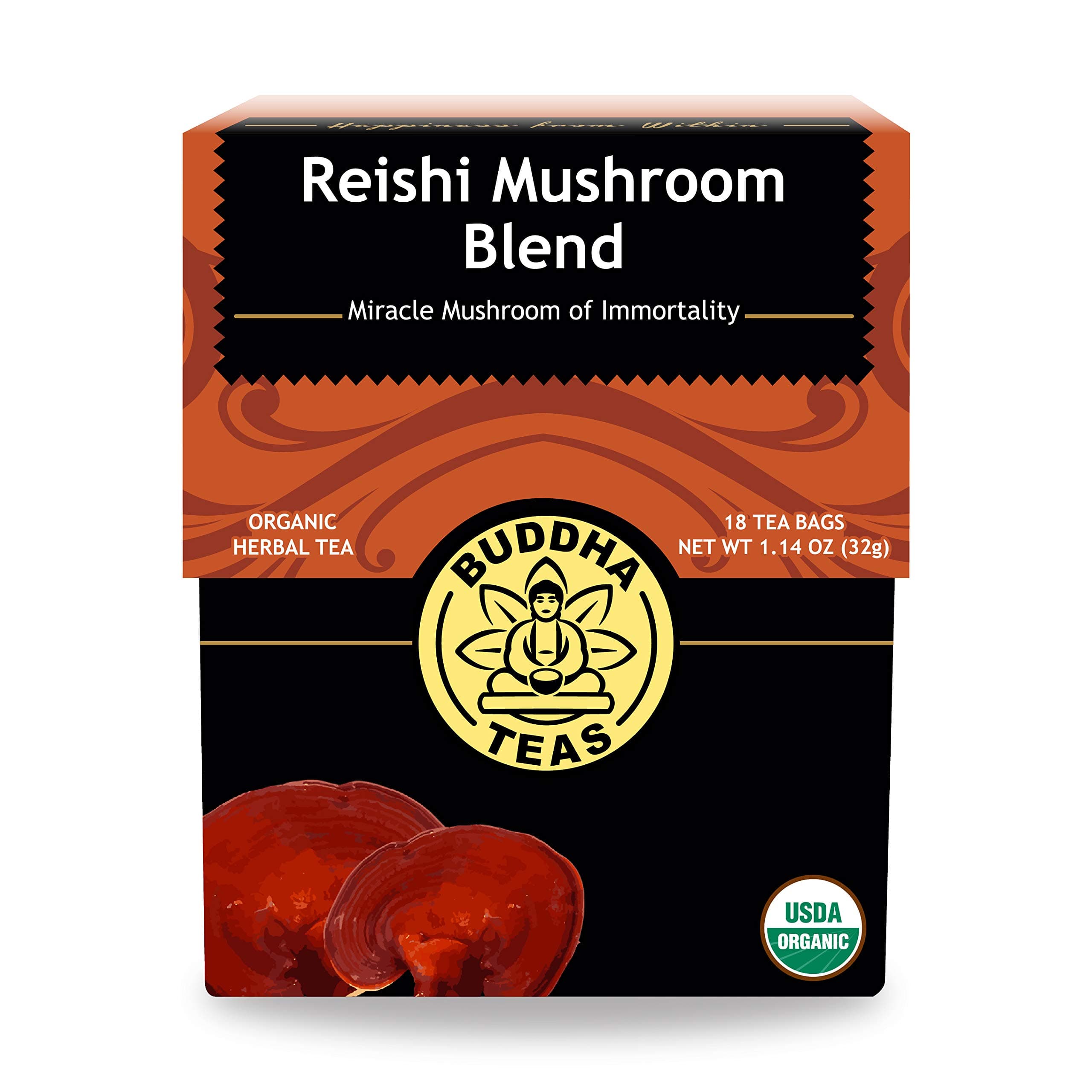 Buddha Teas - Organic Reishi Mushroom Blend - Herbal Tea - For Health & Wellbeing - With Antioxidants & Minerals - Clean Ingredients - Caffeine Free - OU Kosher & Non-GMO - 18 Tea Bags (Pack of 1)