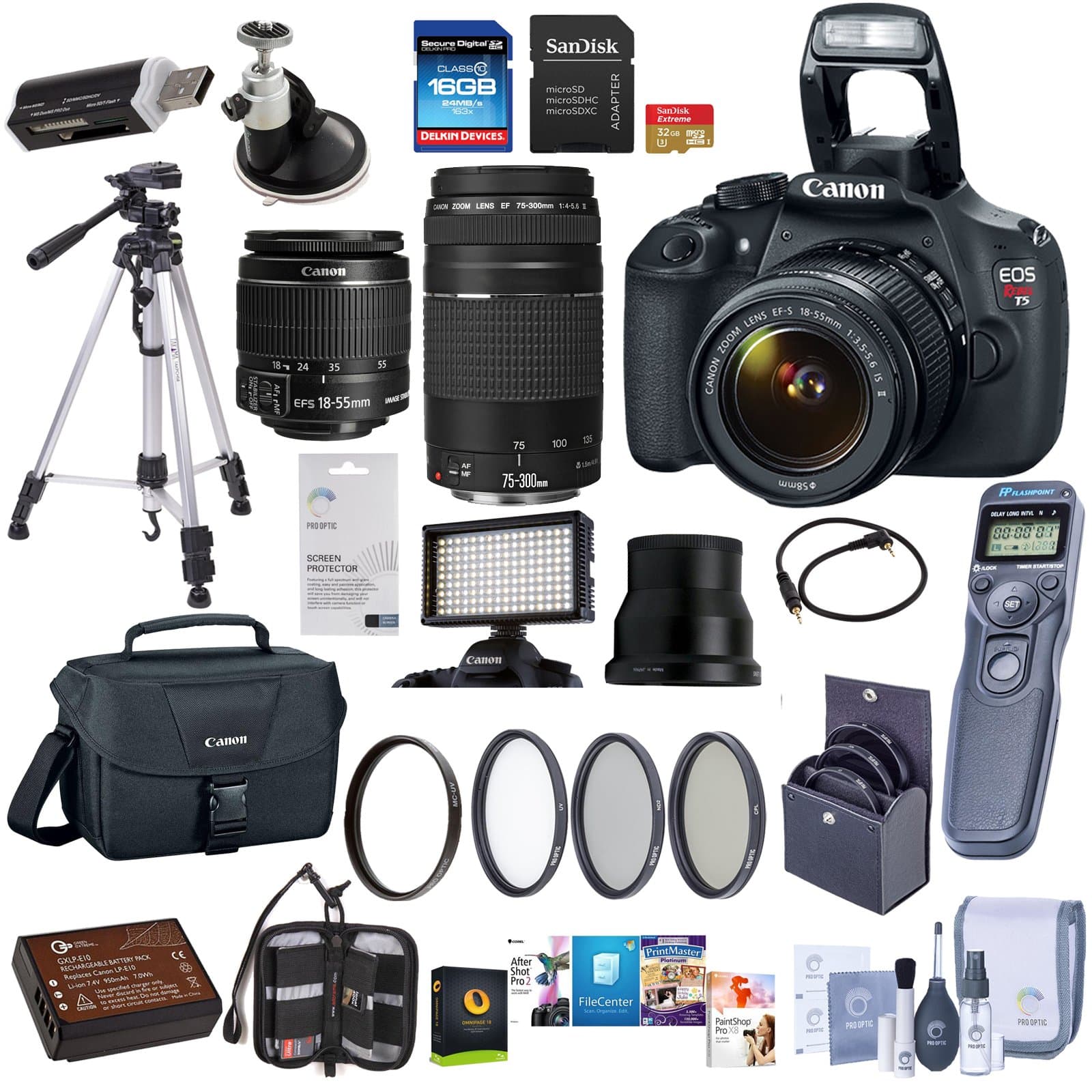 Canon EOS Rebel T5 DSLR Camera 2 Lens Kit with EF-S 18-55mm f/3.5-5.6 IS II and EF 75-300mm F/4-5.6 III Lenses - Bundle - Camera Case 32GB/16GB SDHC Cards, Spare Battery, Tripod, Video Light and More