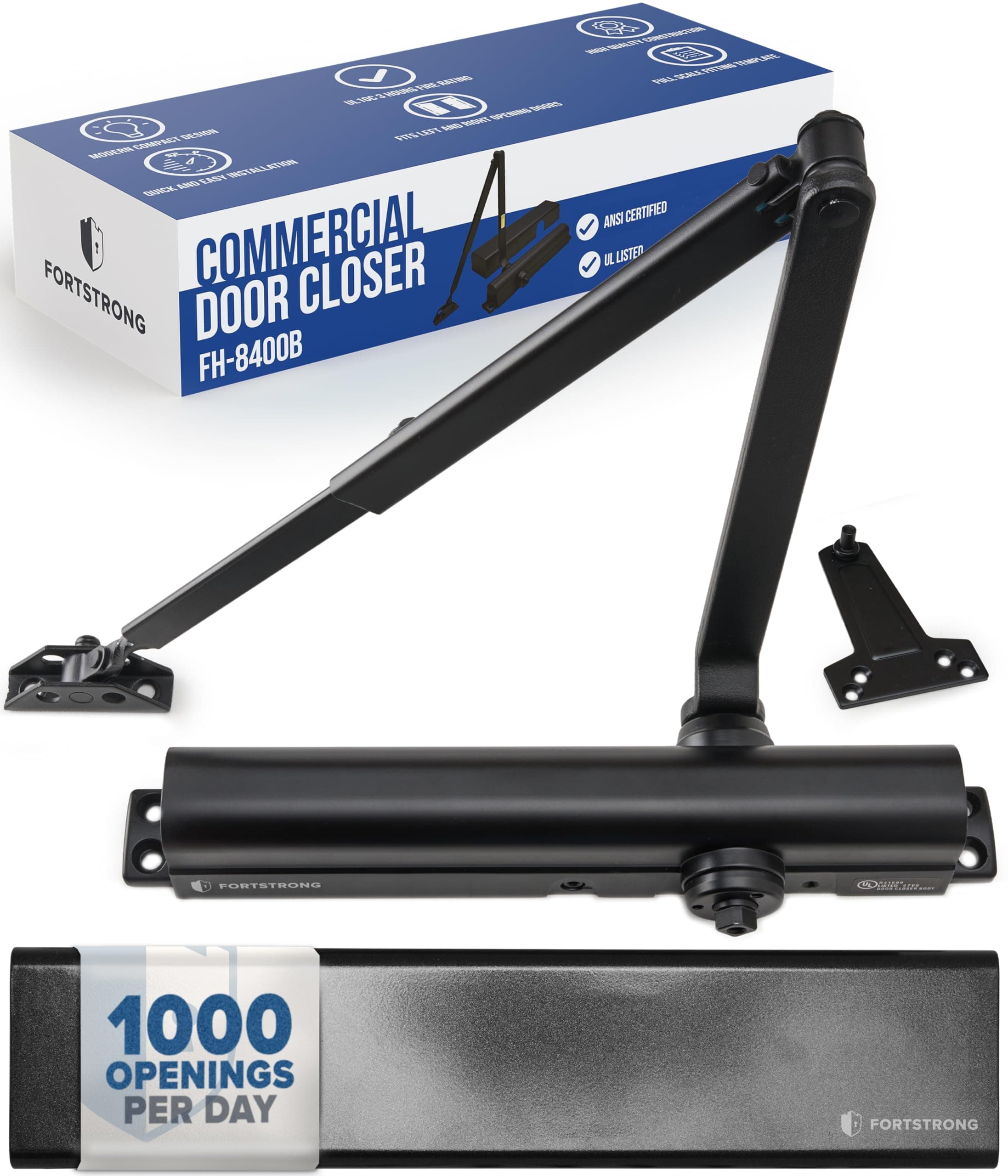 Commercial Door Closer – Black Heavy Duty Grade 1 Automatic Door Closer for Commercial Use - Auto Hydraulic Spring Hinge - FS-8400 UL Listed, ADA Adjustable Spring Closure Arm No Slam Self Closing