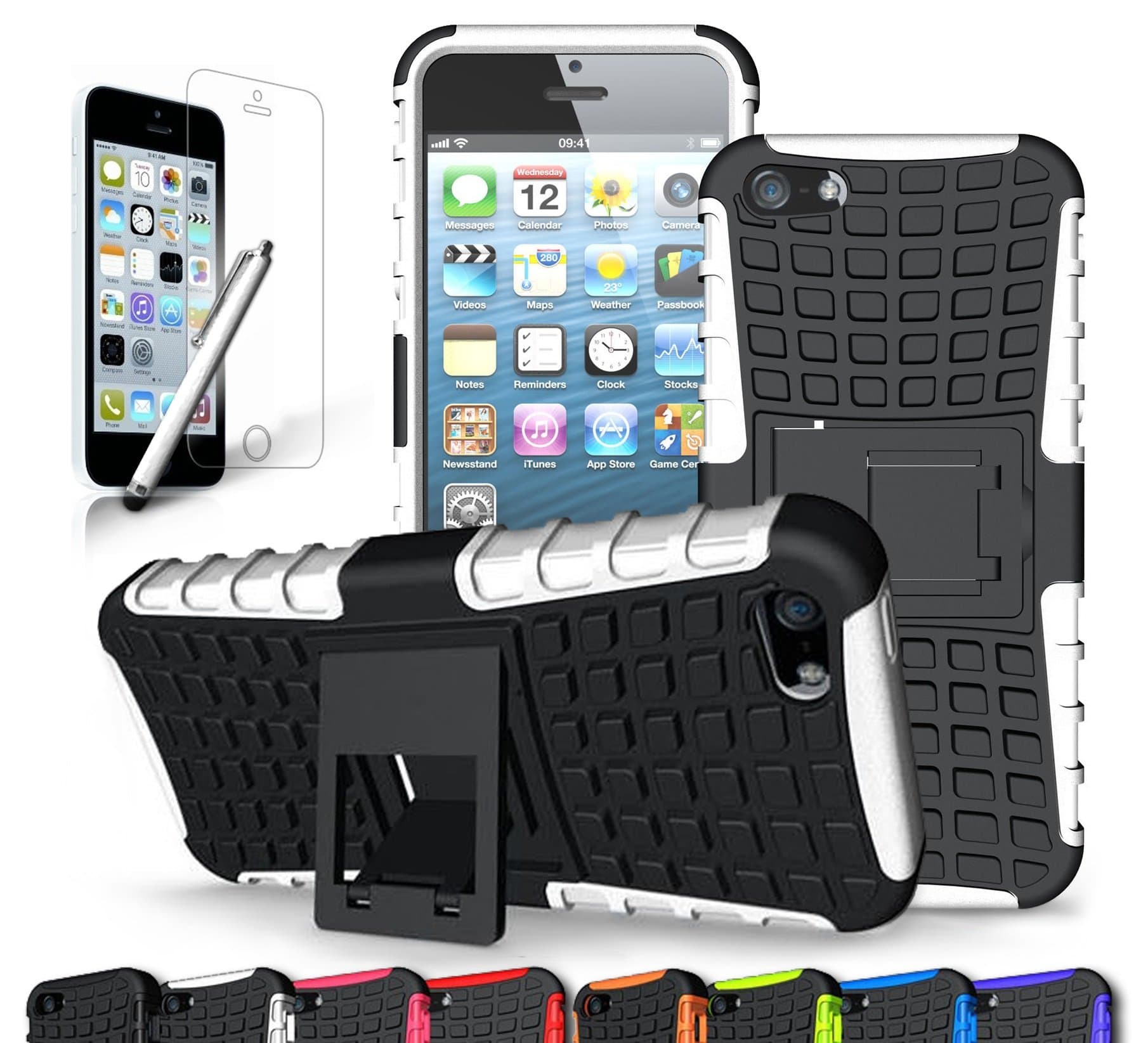 CINEYO(TM) Apple iPhone SE Case / iPhone 5/5S Case heavy Duty Rugged Dual Layer Case with kickstand (Apple iPhone SE Case / Iphone 5/5S Black) (White)