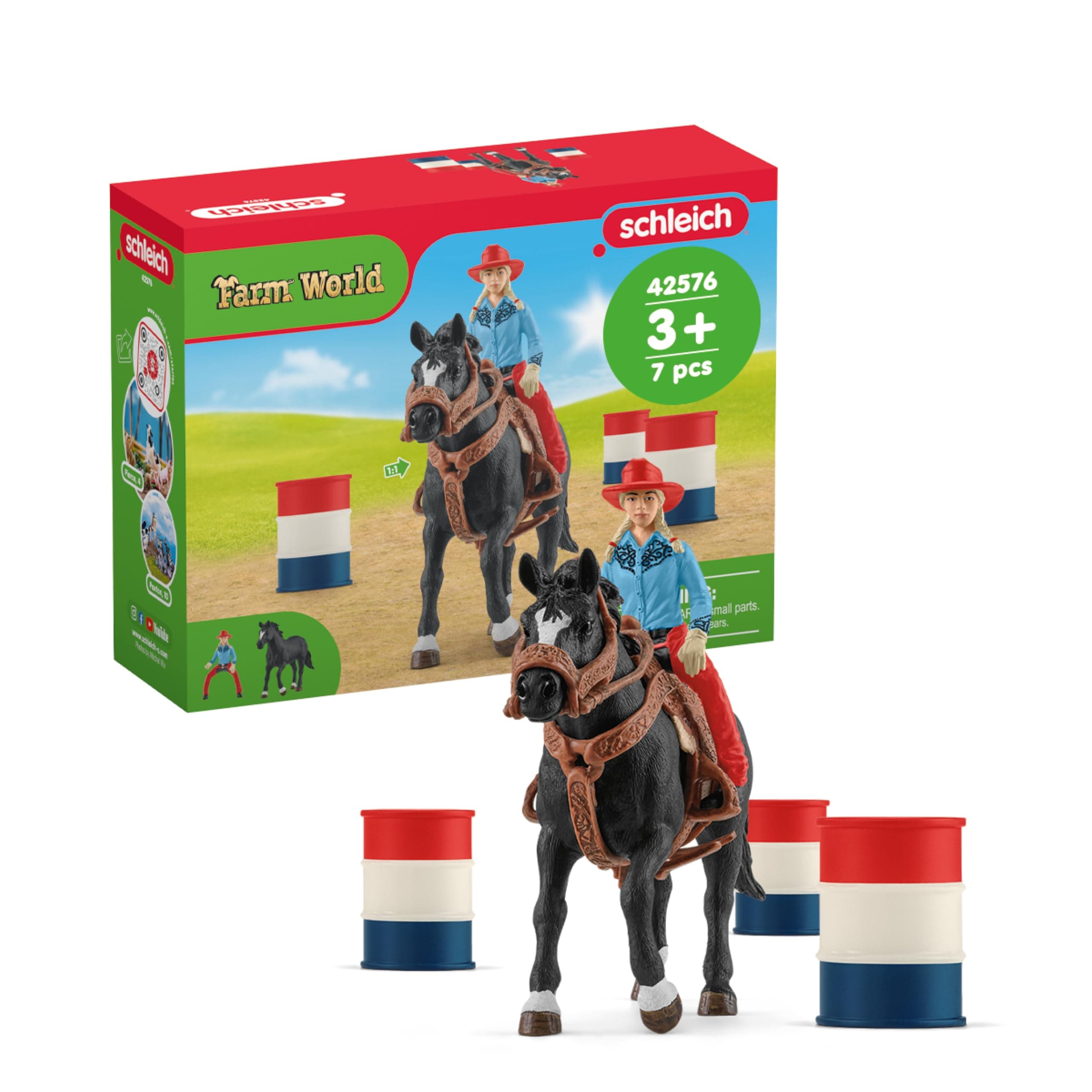 Farm World - 7PC Barrel Racing Set - Western Rodeo Toy Playset with Cowgirl Figurine, Horse Figure and Accessories - Realistic Farm Toys for Boys and Girls - Kids and Toddlers Ages 3+ | 42576
