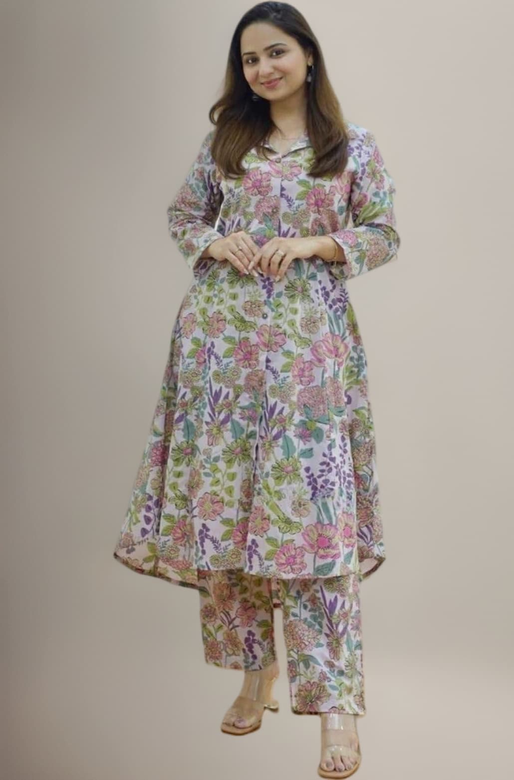 Leriya Fashion Women's Anarkali Rayon Floral Printed Kurta Pant Set | High-Low Hem & 3/4 Sleeves | Ethnic Co-ord for Festive & Casual Wear | Co ord Set For Women Stylish | 2 Piece Dress For Holiday Look & Puja