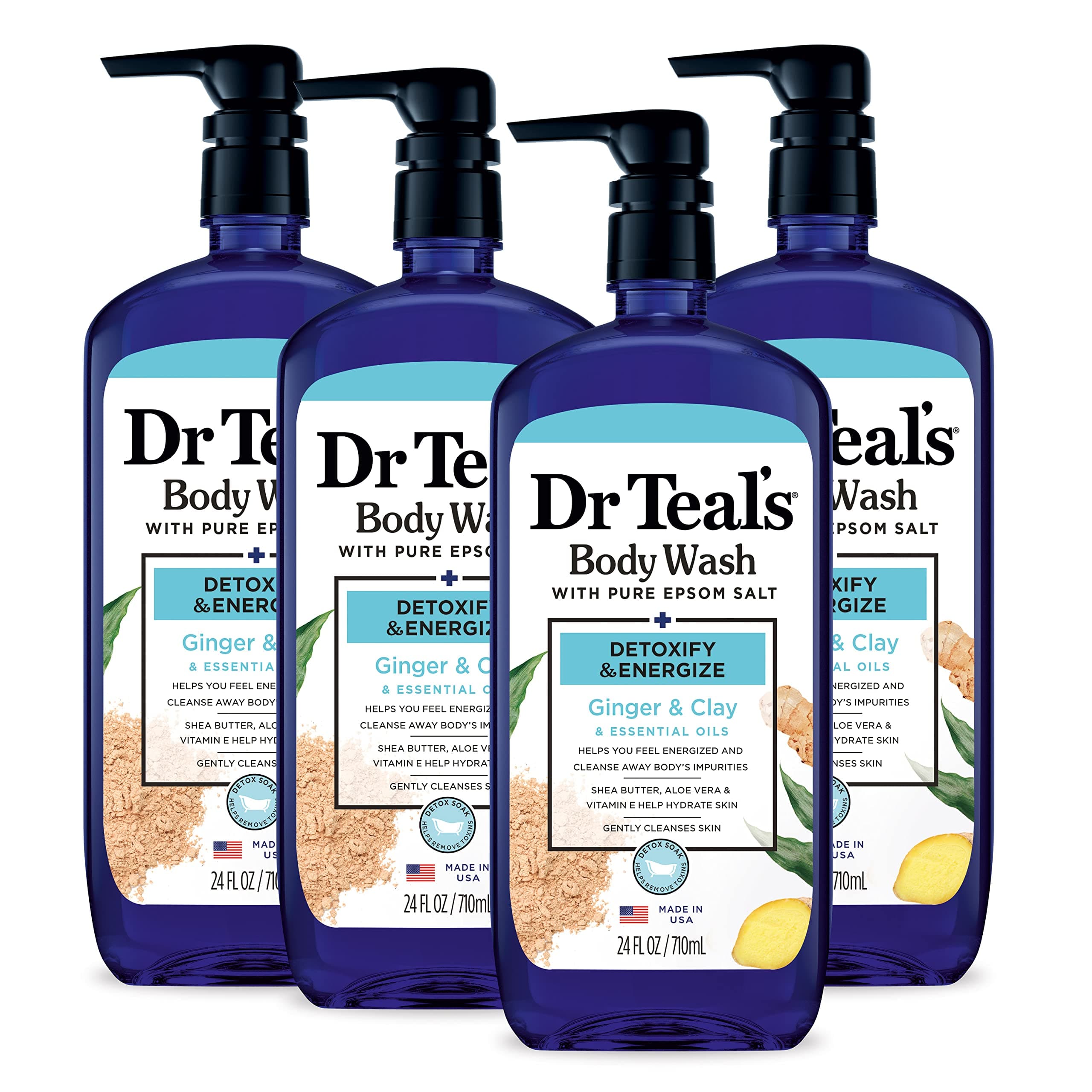 Dr Teal's Body Wash With Pure Epsom Salt, Detoxify & Energize With Ginger & Clay, 24 fl oz (Pack of 4)