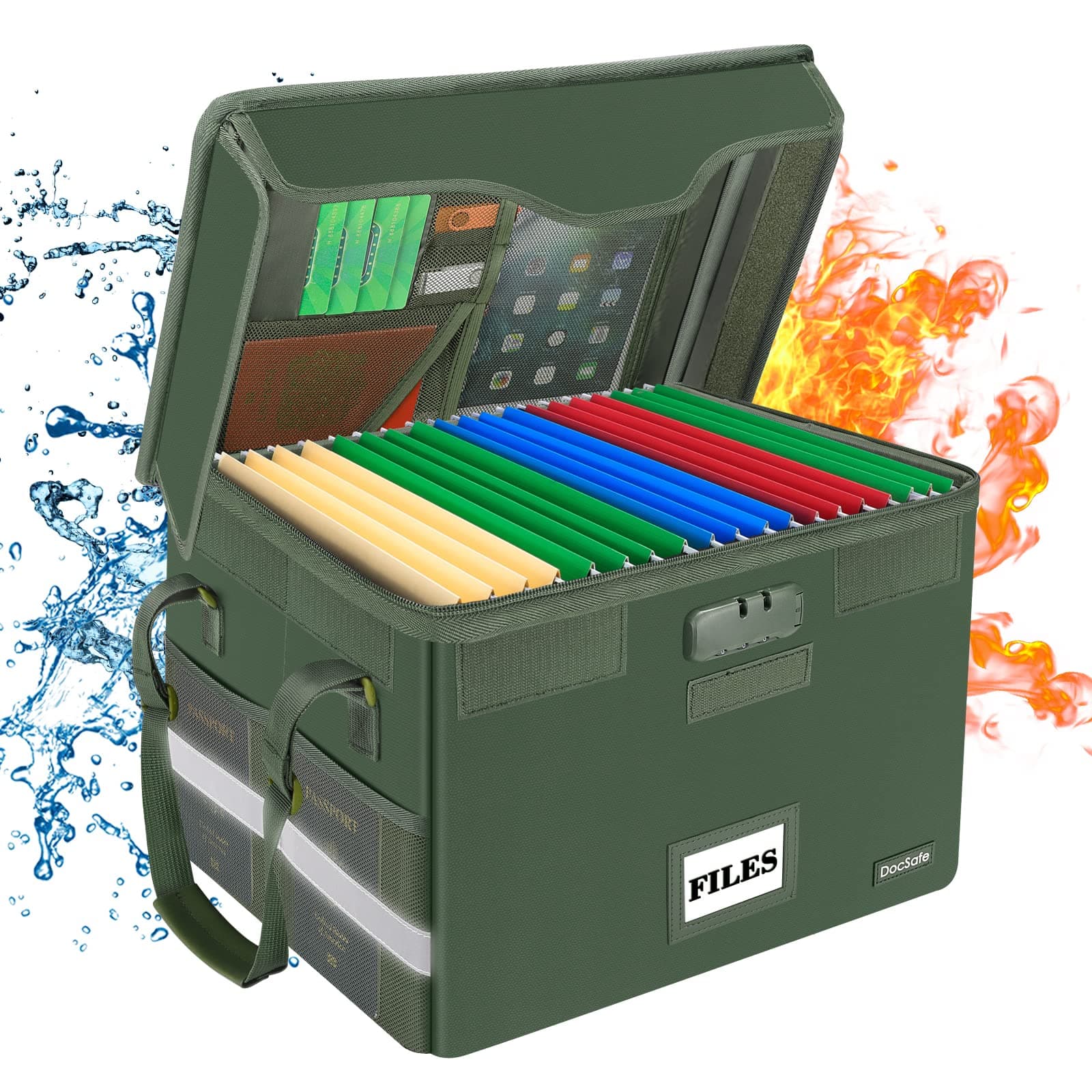 DocSafeFireproof Document Box with Lock,File Storage Organizer with Mesh Pockets＆Lid,Collapsible Portable File Box Home Office Safe Filing Cabinet with Handle for Hanging Letter/Legal Folder,Green