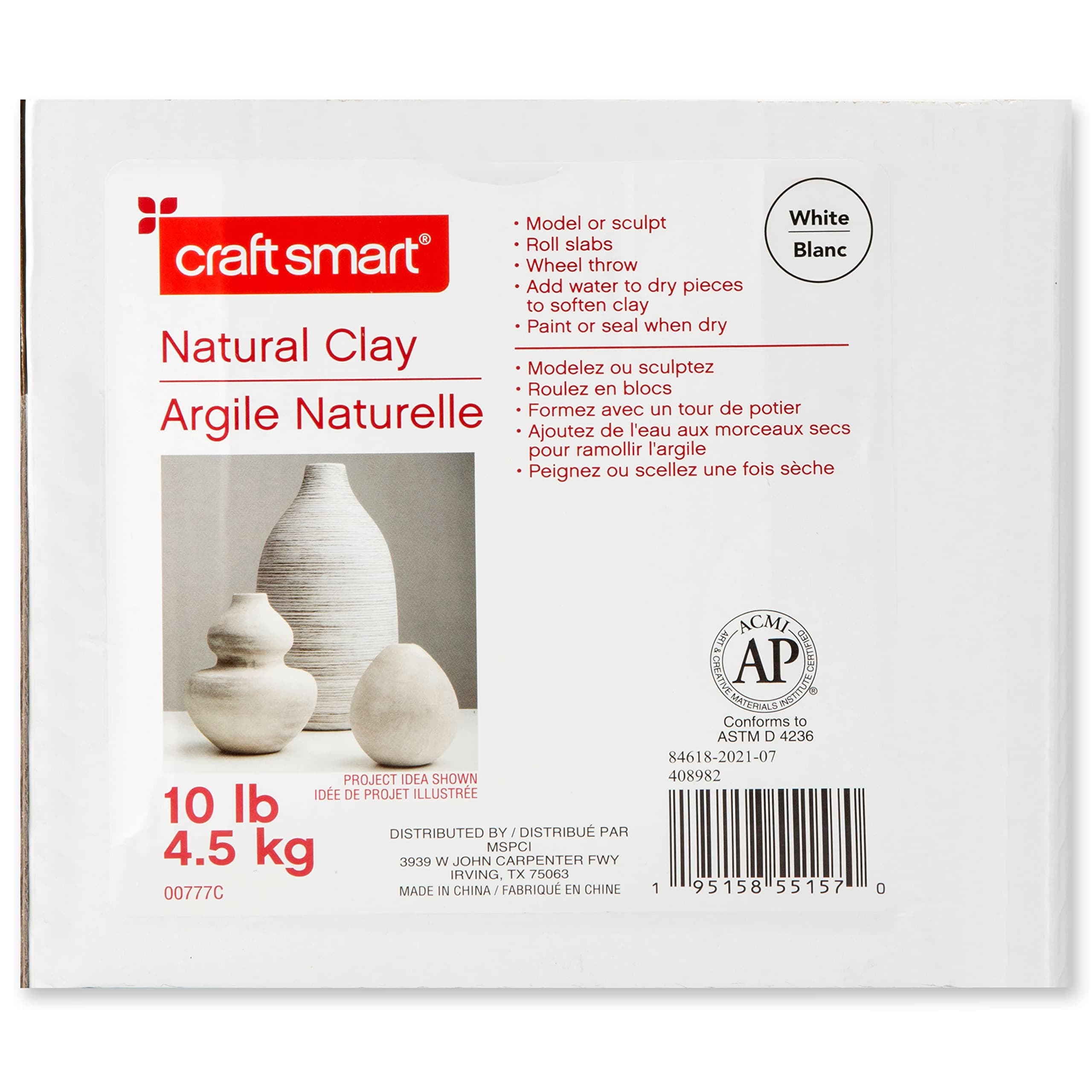 10lb White Natural Air-Dry Clay by Craft Smart - Non-Toxic Clay for Hand Modeling, Sculpting, Pottery - 1 Pack