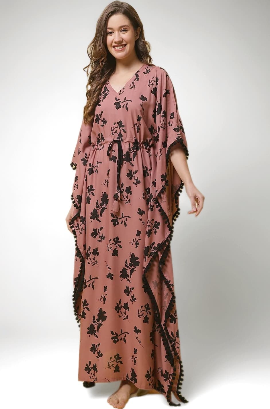 Rust Floral Women Maxi Kaftan Nighty Rayon Free Size/Kaftan