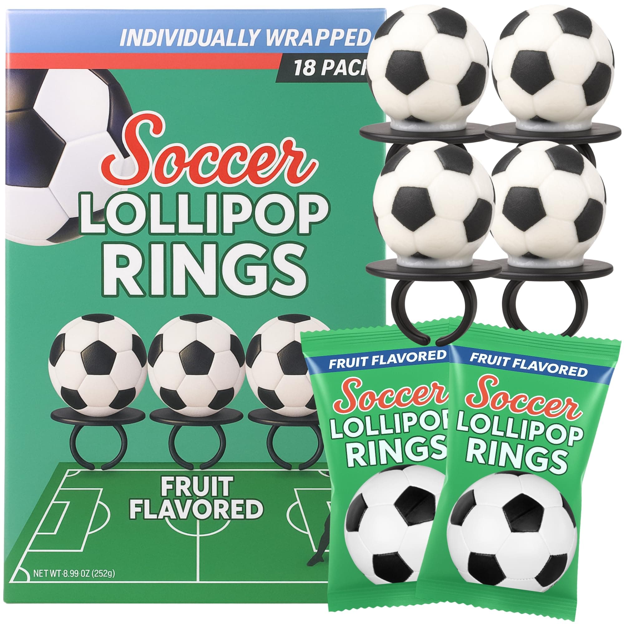 Lil' League Lil League Soccer Ball Lollipop Rings, Individually Wrapped Candy for Birthday Party Favors, End of Season Parties, 18 Suckers