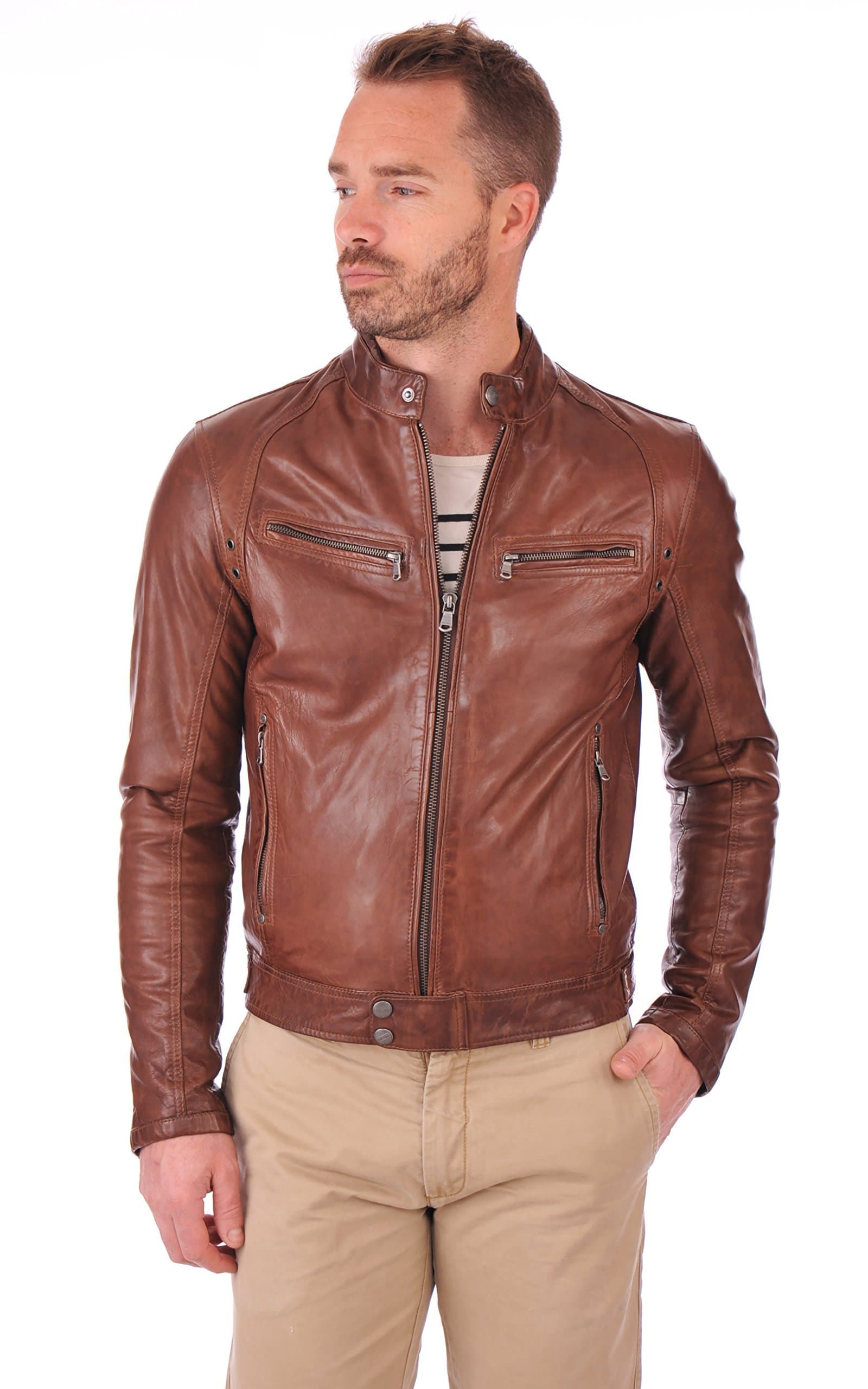 Men's Lambskin Leather Original Leather Bomber Biker Jacket Medium Brown