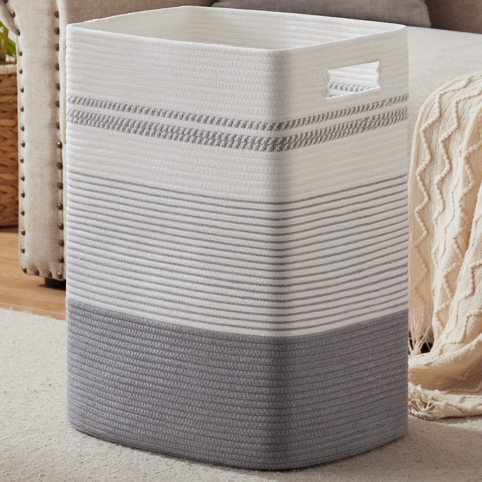 Laundry Basket, Large Woven Rope Tall Laundry Basket with Handles, Decorative Storage Basket for Clothes and Blankets in Living room, Bedroom