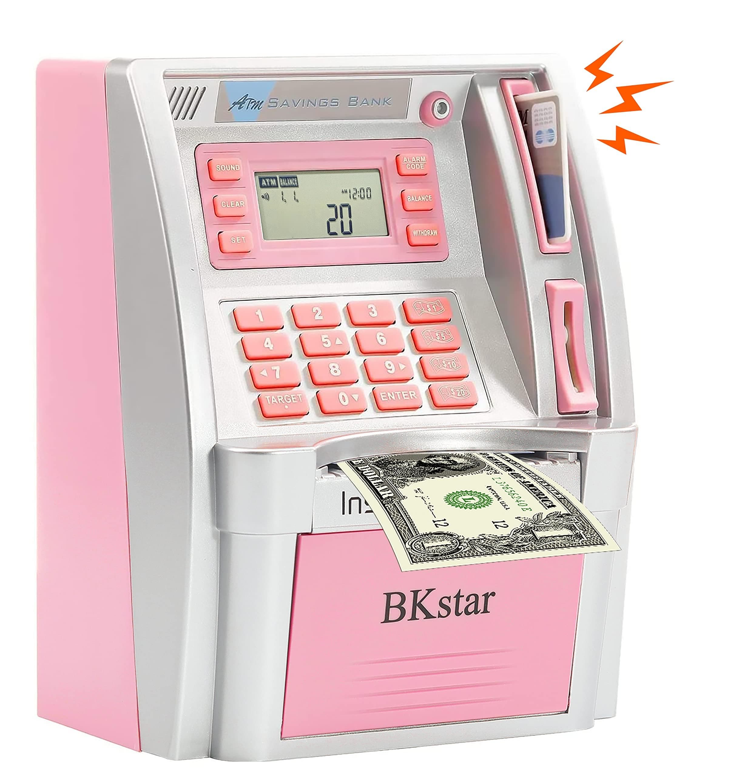 2022 Upgraded ATM Savings Bank, Pink Mini ATM Piggy Bank Machine for Real Money for Kids Adults with Card, Coin Reader and Balance Calculator