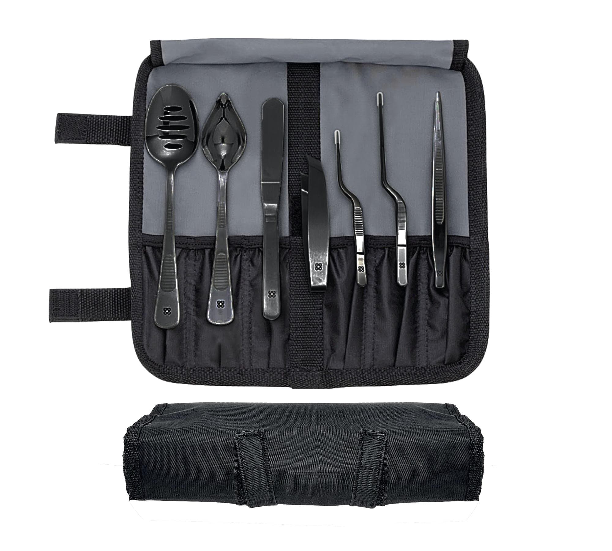 – DOJA Barcelona Chef Plating - Kit Colour: Black - 7Pc Professional Culinary Plating Tools Set Tweezers, Slotted Spoon, Fish Deboning Tweezers, Chef Art Pencil and Spatula for Artful Presentation