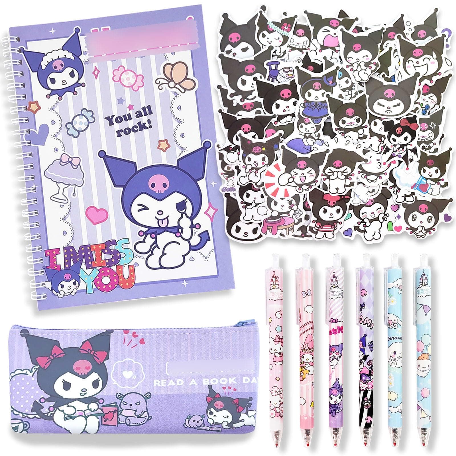 Koiswim Kawaii School Supplies, Cute Stationary Set, Back to School Gift for Kids Including Spiral Journal Notebook, Black Rollerball Pens, Pencil Cse, Stickers