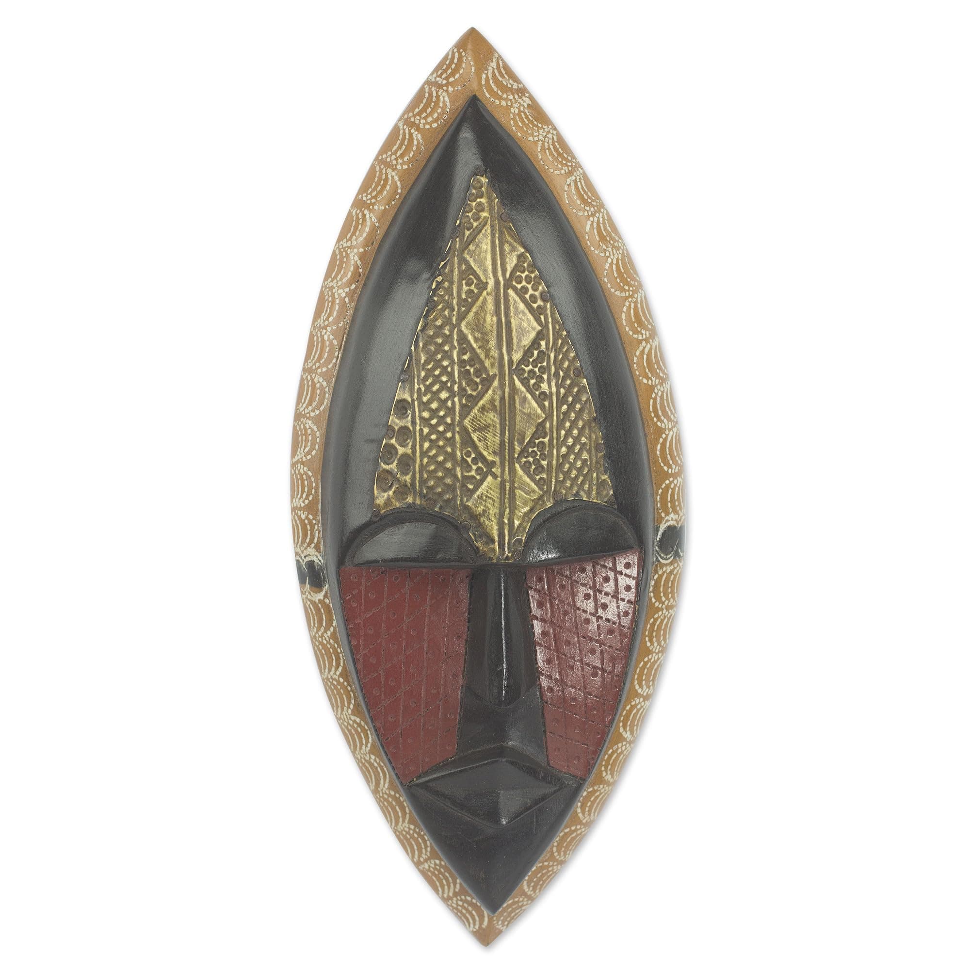 NOVICA Black and Red Sese Wood African Wall Mask with Brass Accents, 'A Peace Blessing'