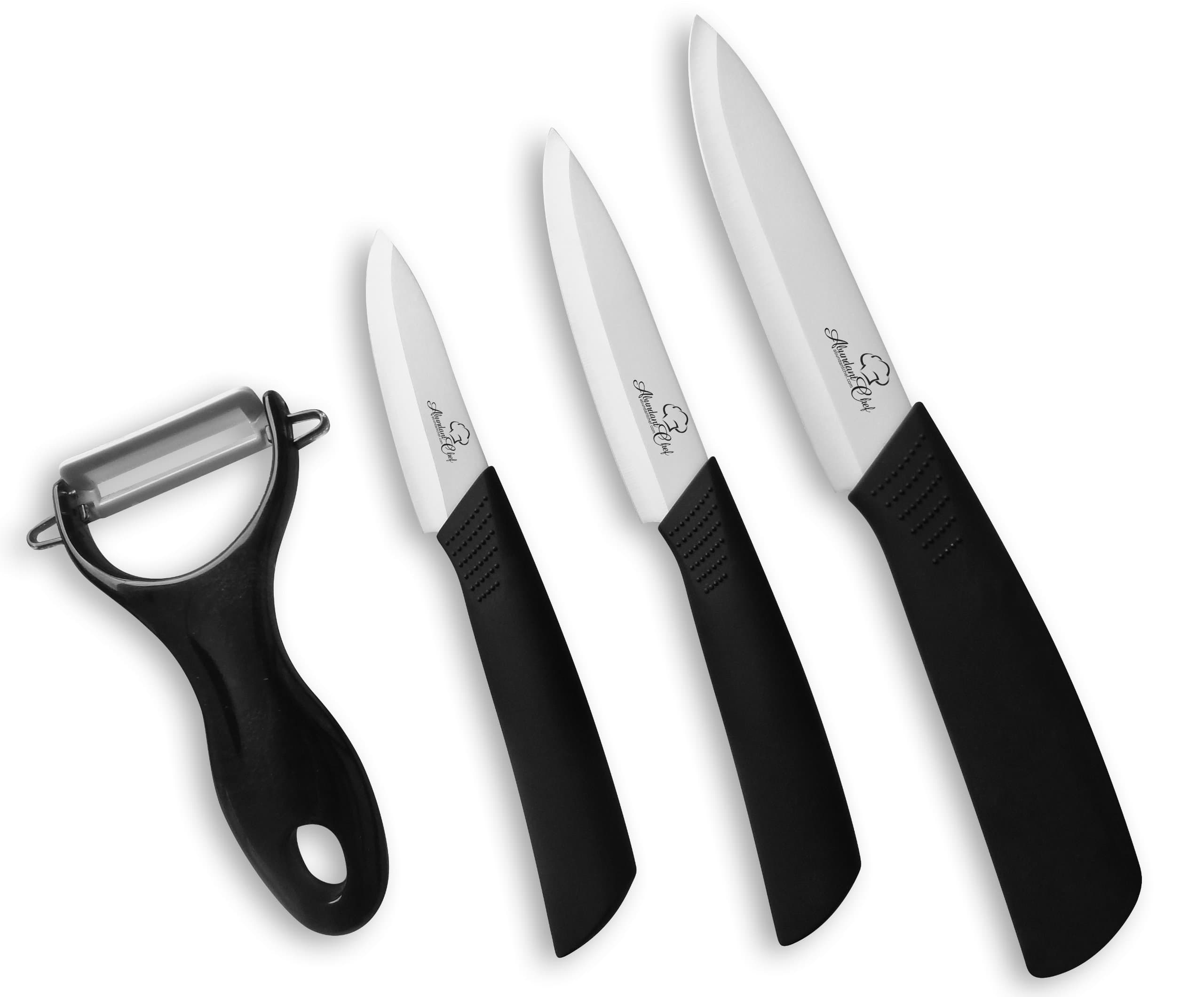 Abundant Chef (TM) Premium 4 Piece Ceramic Cutlery Knife and Peeler Set (5" Utility, 4" Paring, 3" Fruit Knife, with One Peeler) Black Handle and White Blade