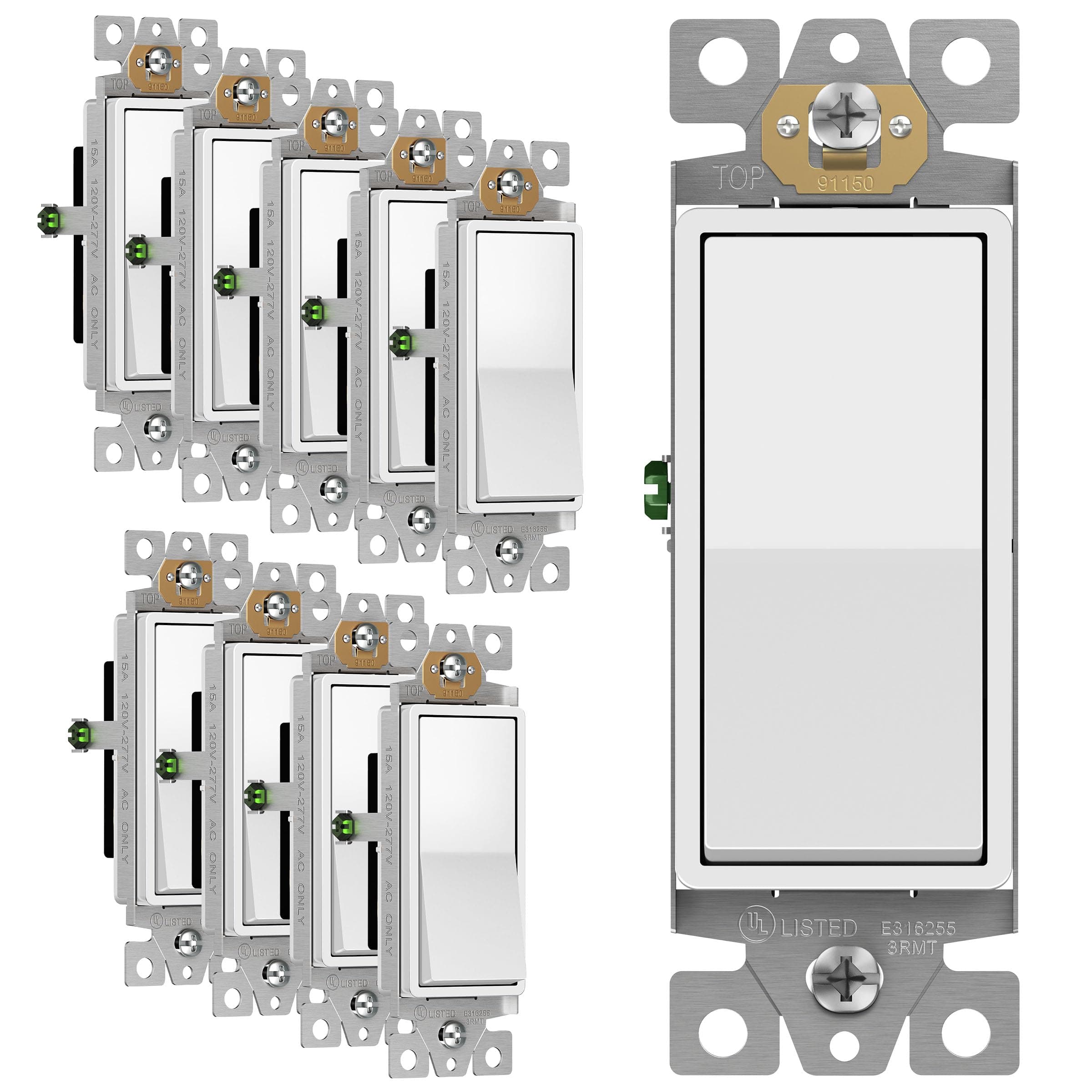 ENERLITES Decorator Paddle Rocker Light Switch, Gloss Finish, Single Pole, 3 Wire, Grounding Screw, Residential Grade, 15A 120V/277V, UL Listed, 91150-W-10PCS, White (10 Pack)