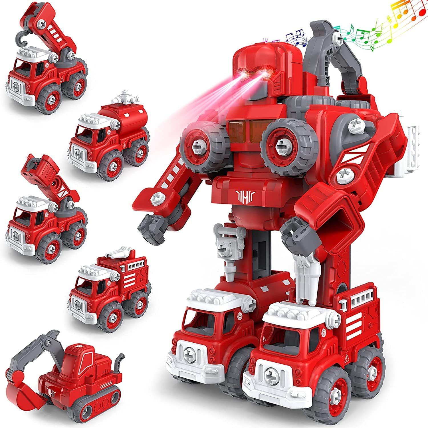 WEERHXAON Car Toys for 4 5 6 7 8 Year Old Boys, Fire Truck Toy Take Apart Robot Toys Vehicle Set 5 in 1 Robot Toys Kids Ages 4-8 STEM Toys Vehicles Christmas Birthday Gifts for Boys Girls Kids (Red)