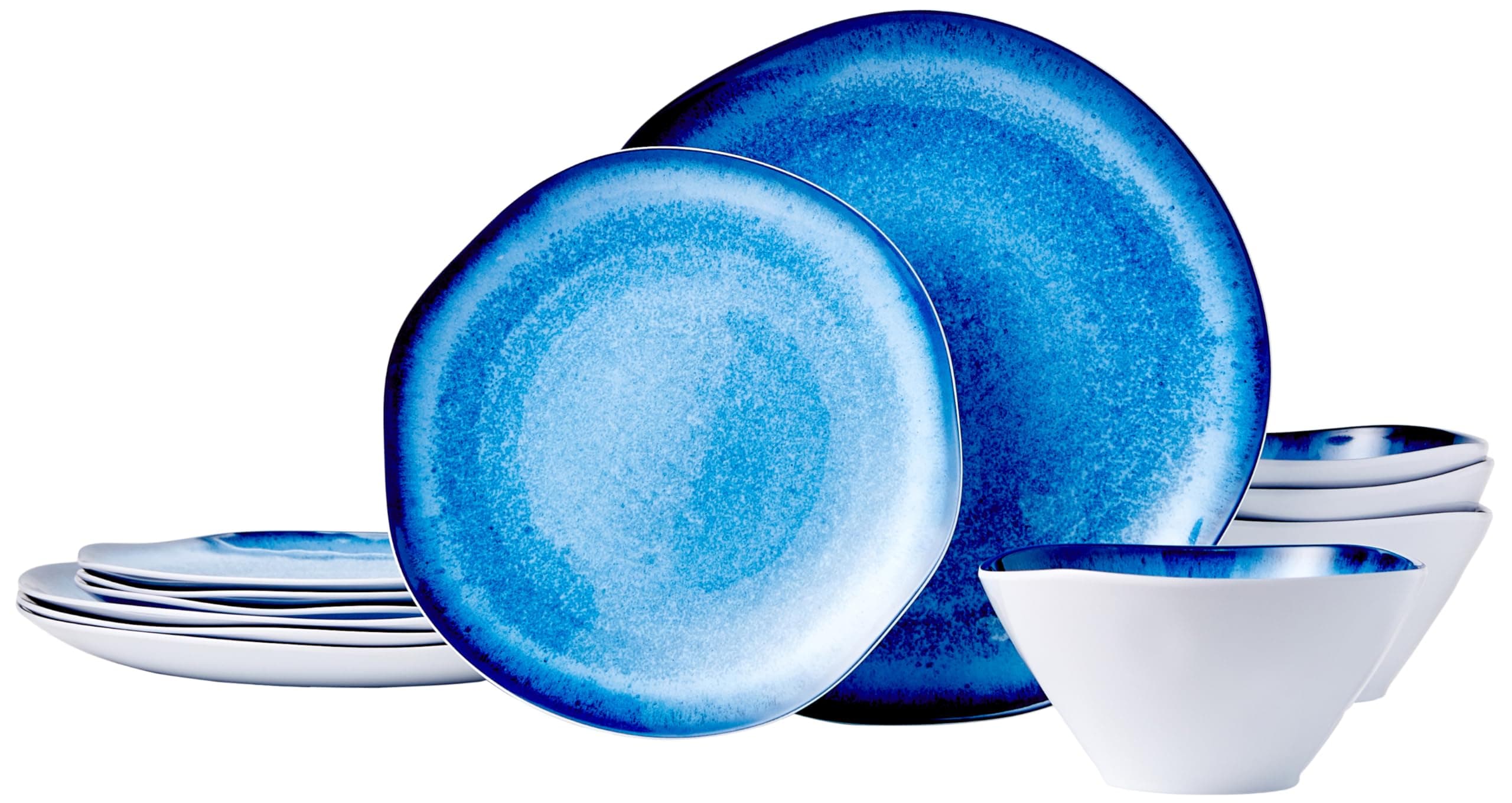 Amazon Basics Melamine Dinnerware Set, Service for 4, Blue Glaze with Rustic Edge - Set of 12