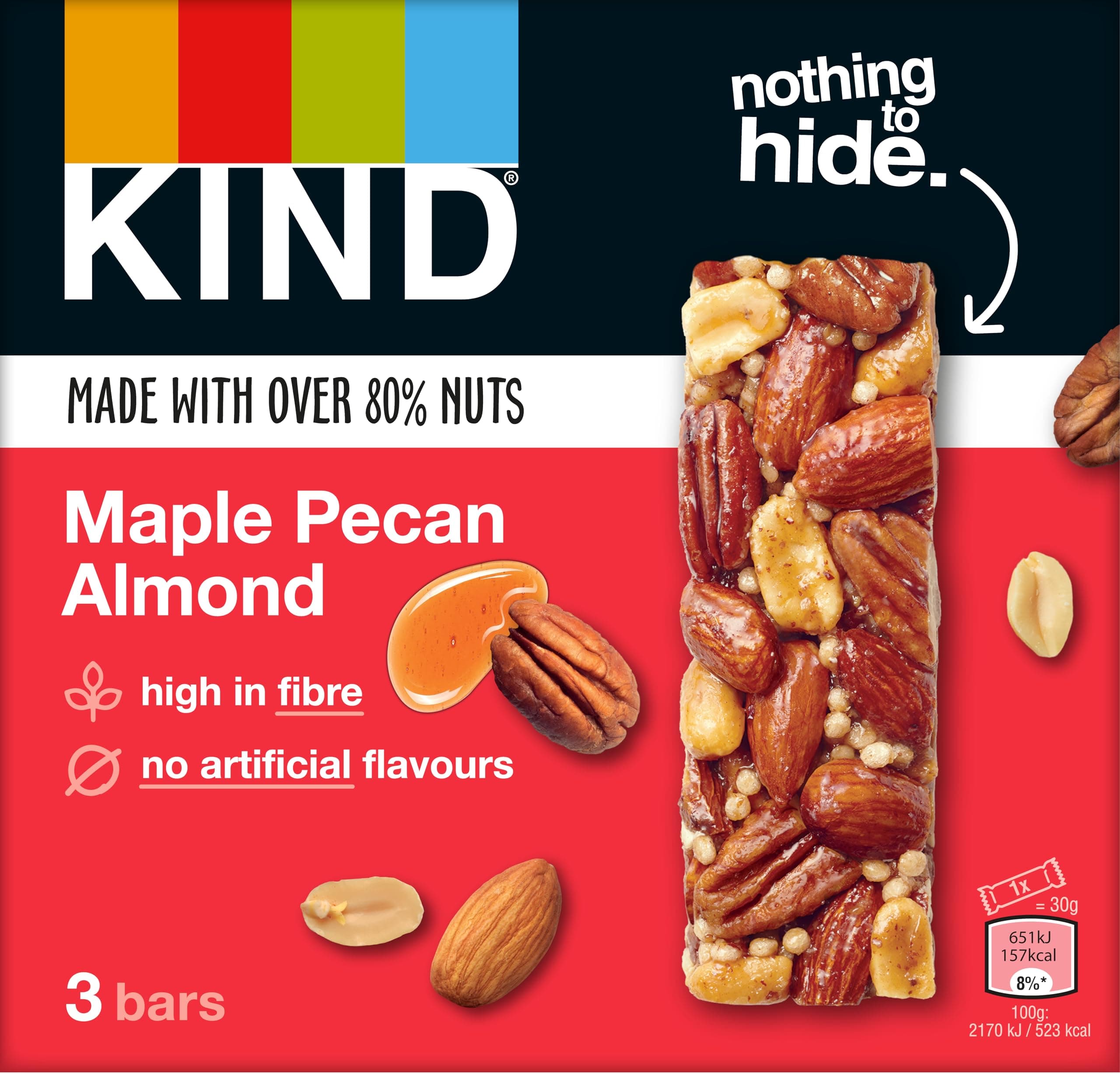 KIND Bars, Gluten Free Snack Bars, Maple Pecan Almond, High Fibre, Healthy Snack, No Artificial Colours, Flavours or Preservatives, Multipack 3 x 30g