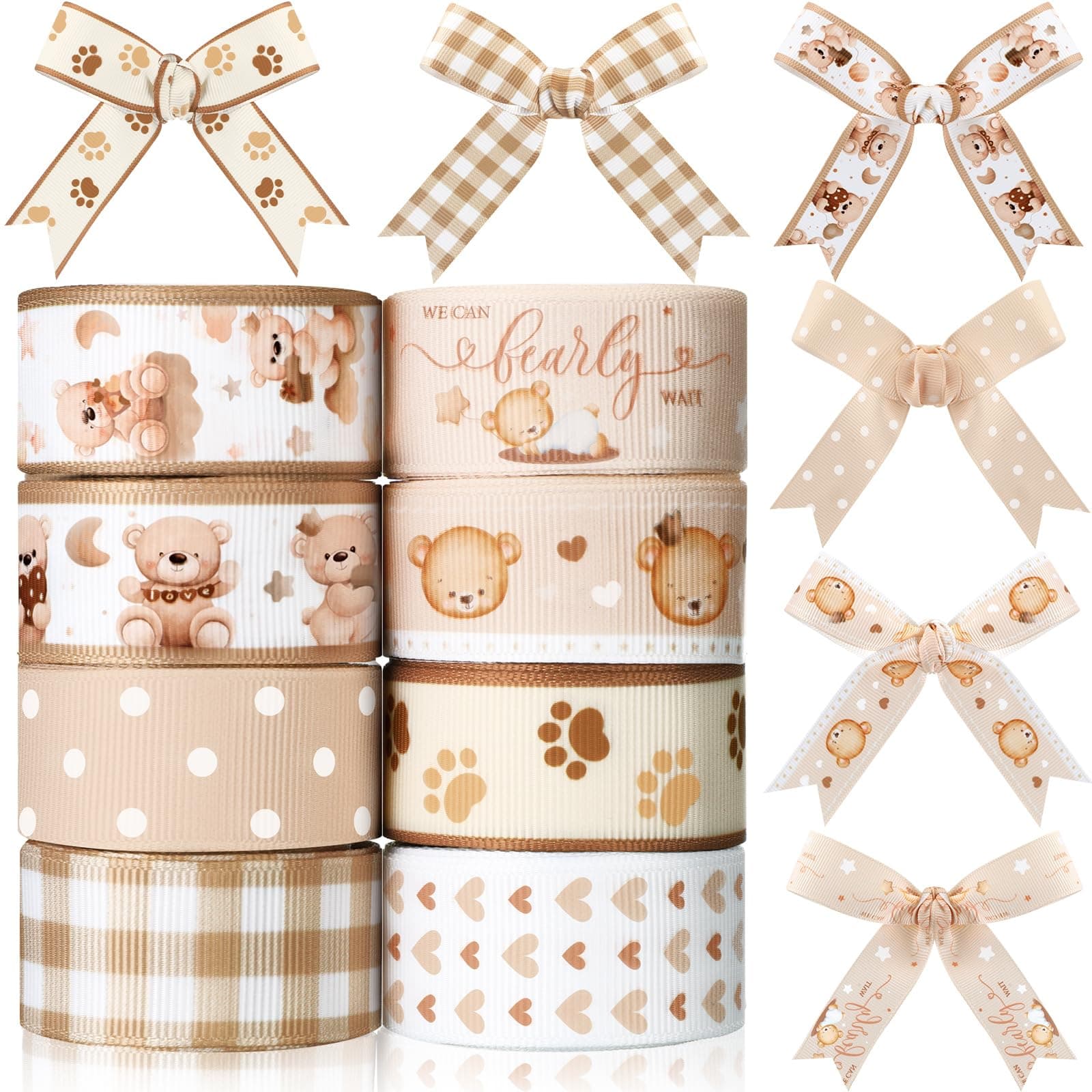 8 Rolls Bear Baby Shower Ribbon Boy 7/8 Inch Baby Craft Ribbon Bear Print Grosgrain Ribbon for Gift Wrapping Baby Shower Gender Reveal Party Diaper Cake Decor, 40 Yard Total (Brown)