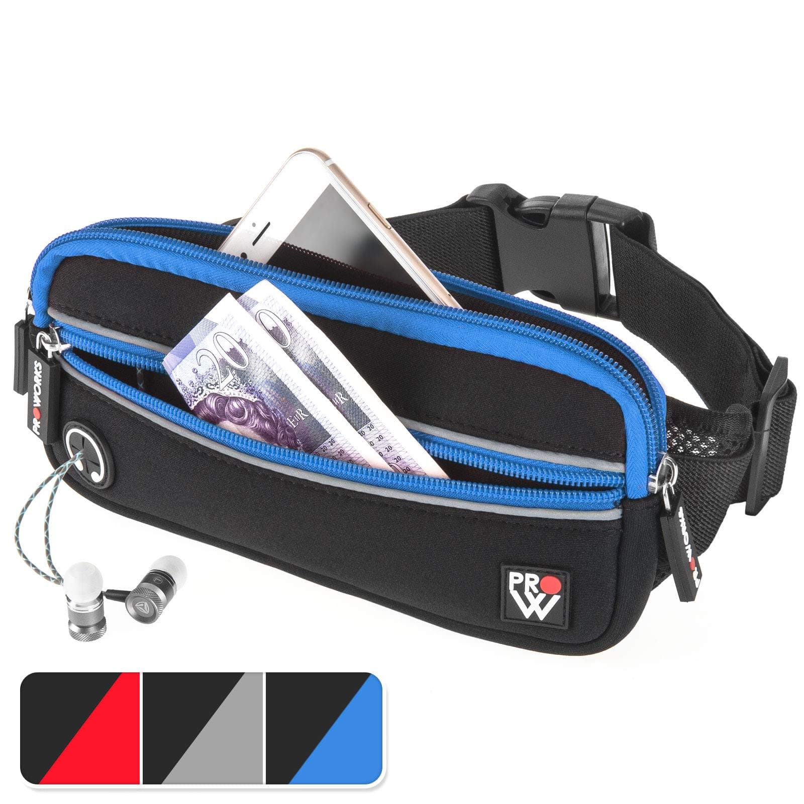 Proworks Adjustable Running Belt | Neoprene Waist Bum Bag with Phone Holder for Running, Walking, Hiking and Sports