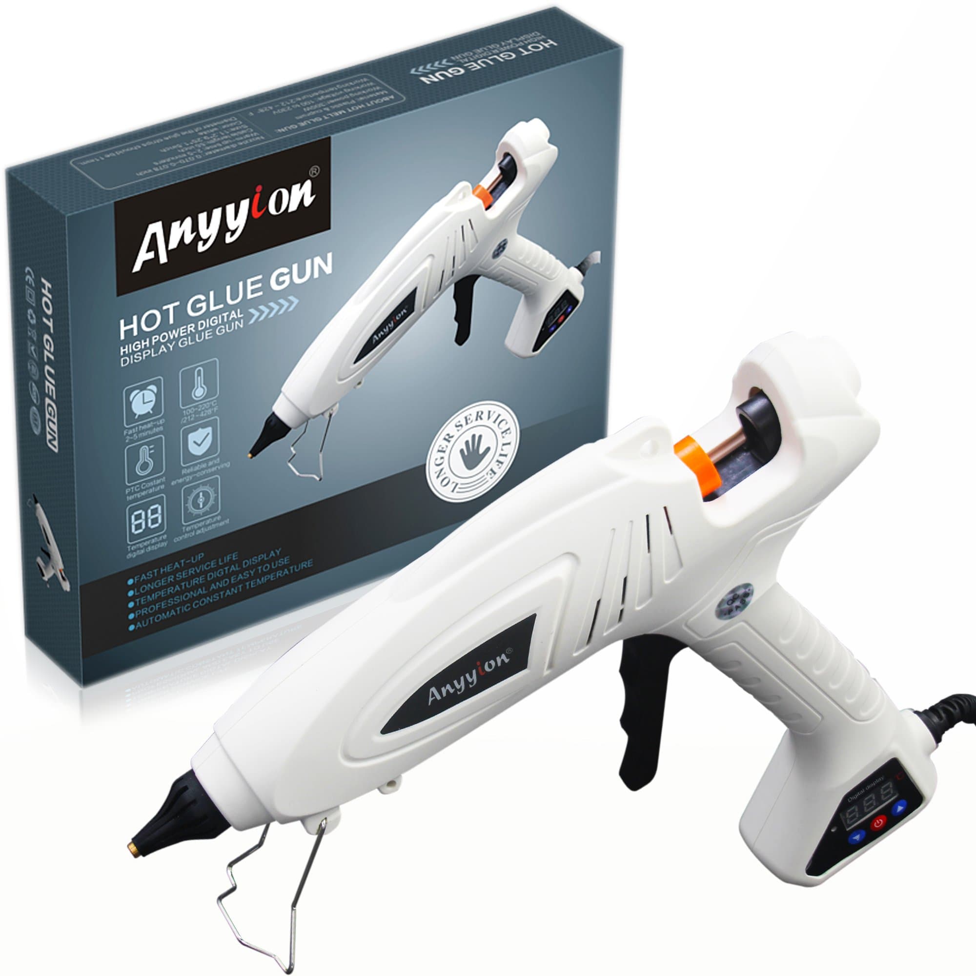 Hot Glue Gun, Anyyion 300W Industrial Glue Gun High Temperature Digital Display Hot Melt Glue Gun，White