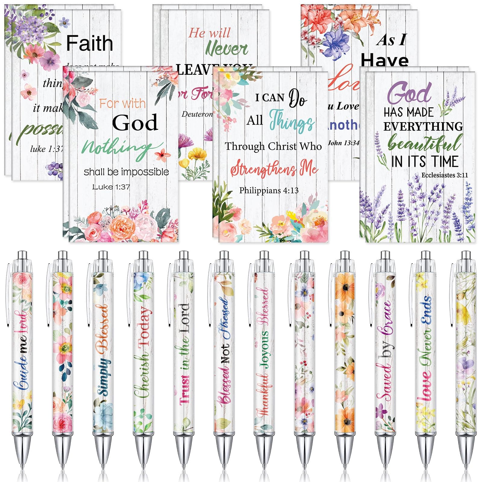 Colarr 24 Pcs Christian Bulk Gifts for Women Men Christmas Bible Verse Pens Notebooks Religious VBS Scripture Ballpoint Pens Journals Sunday School Church Inspirational Xmas Supplies(Floral)