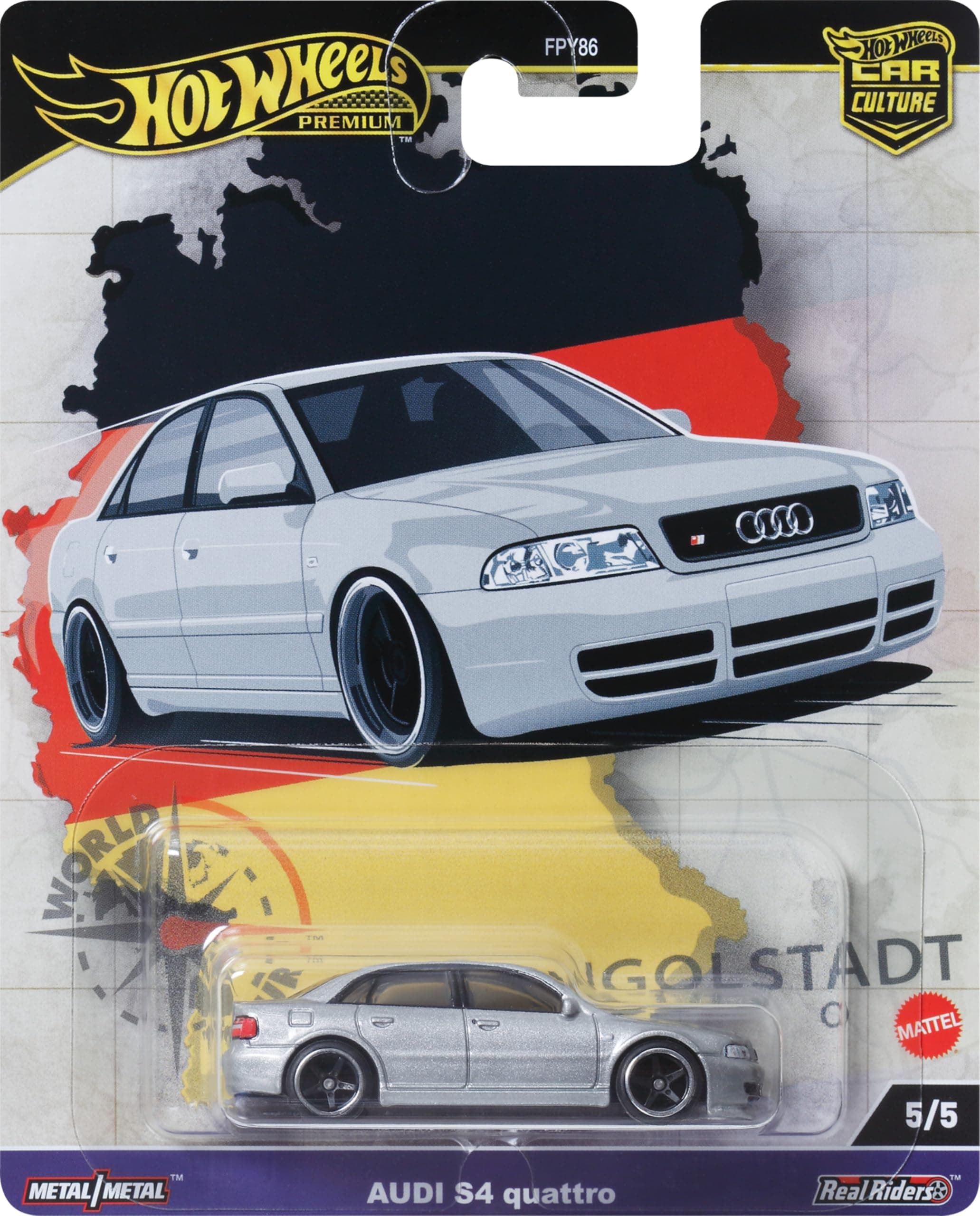 Premium Car Culture Collectible Toy Car, 1:64 Scale Die-Cast Audi S$ Quattro, World Tour Vehicle with Real Riders Tires