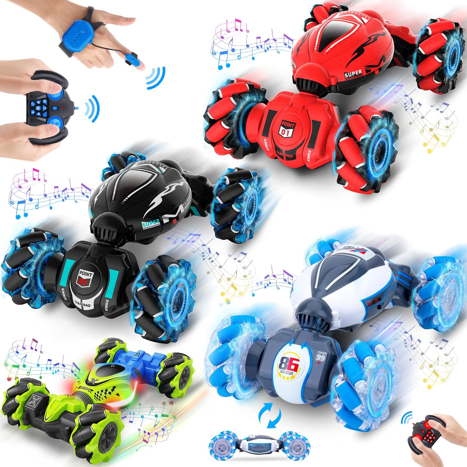 RC Cars, Gesture Sensing Stunt Car Toys for Boys Girls 6-12, 2.4Ghz 4WD Hand Remote Control Car 360° Rotate Transform Off-Road Drift with Lights Music, Birthday Xmas Gifts for Kids, 4 Cars