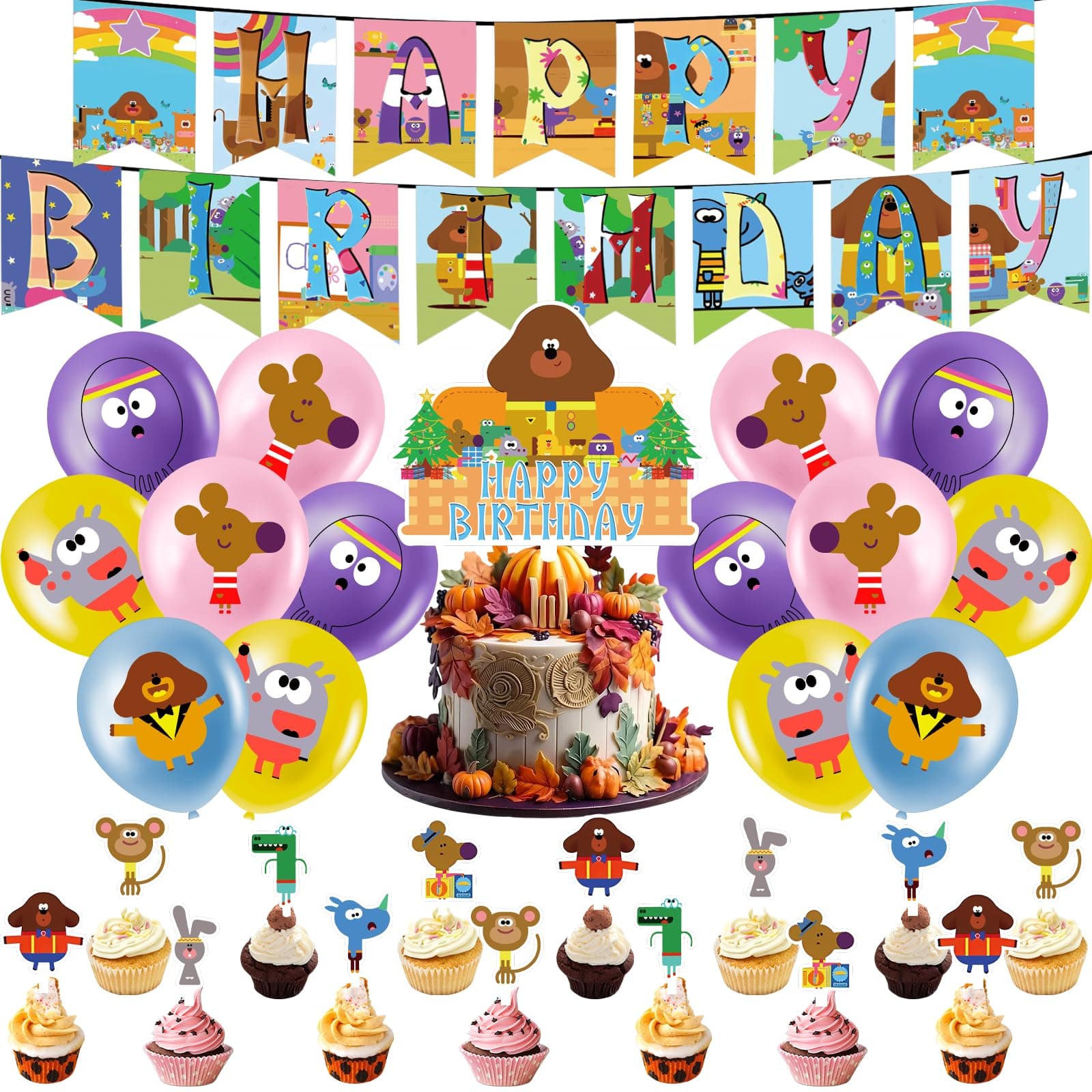 Hey Duggee 34PCS Birthday Party Decorations Kit - Cartoon Theme Supplies With Happy Birthday Banner, Cake Topper, Latex Balloons for Kids