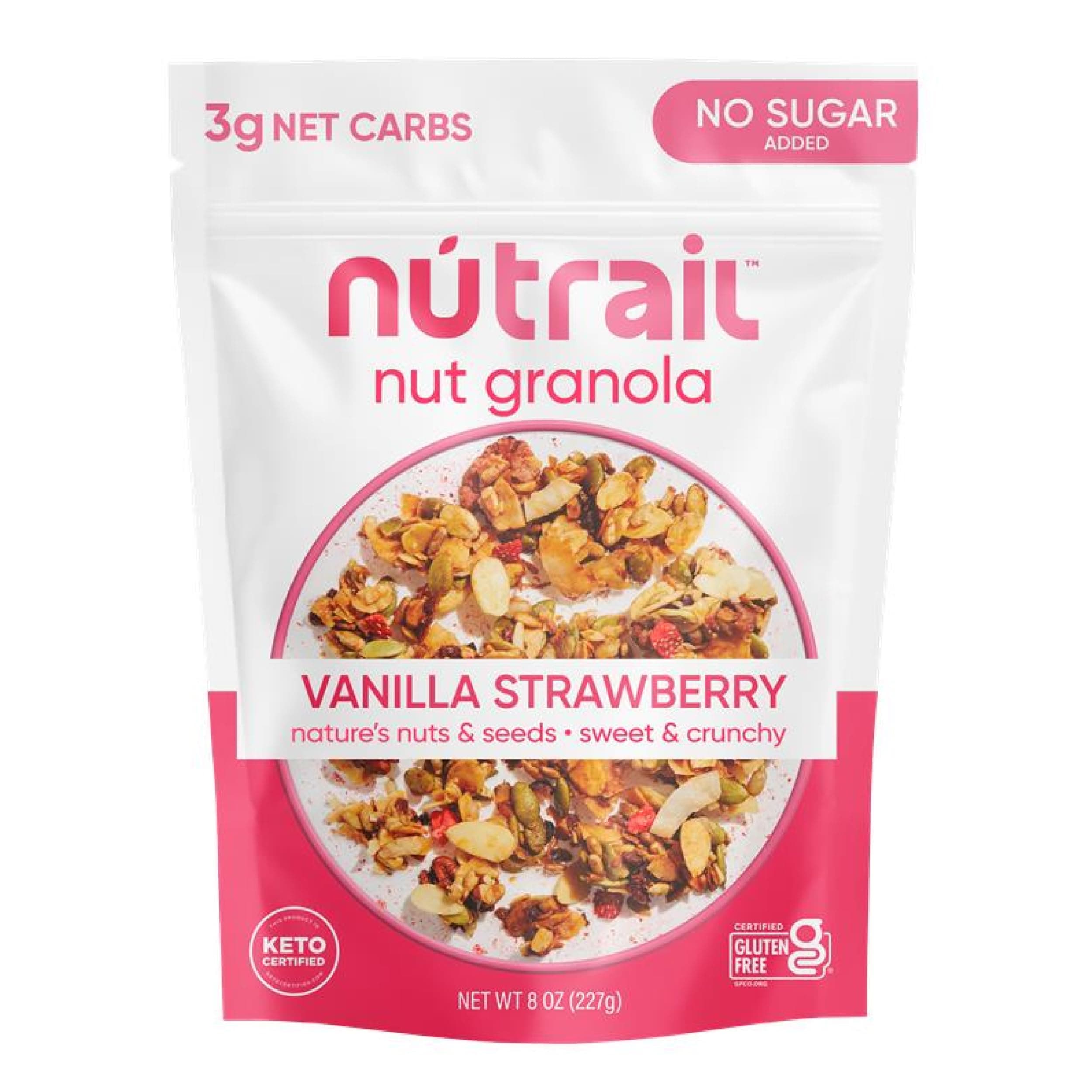 NuTrail Nut Granola Cereal, Vanilla Strawberry, No Sugar Added, Keto, Low Carb, Gluten Free, Grain Free, Healthy Breakfast 8 oz. 1 Count