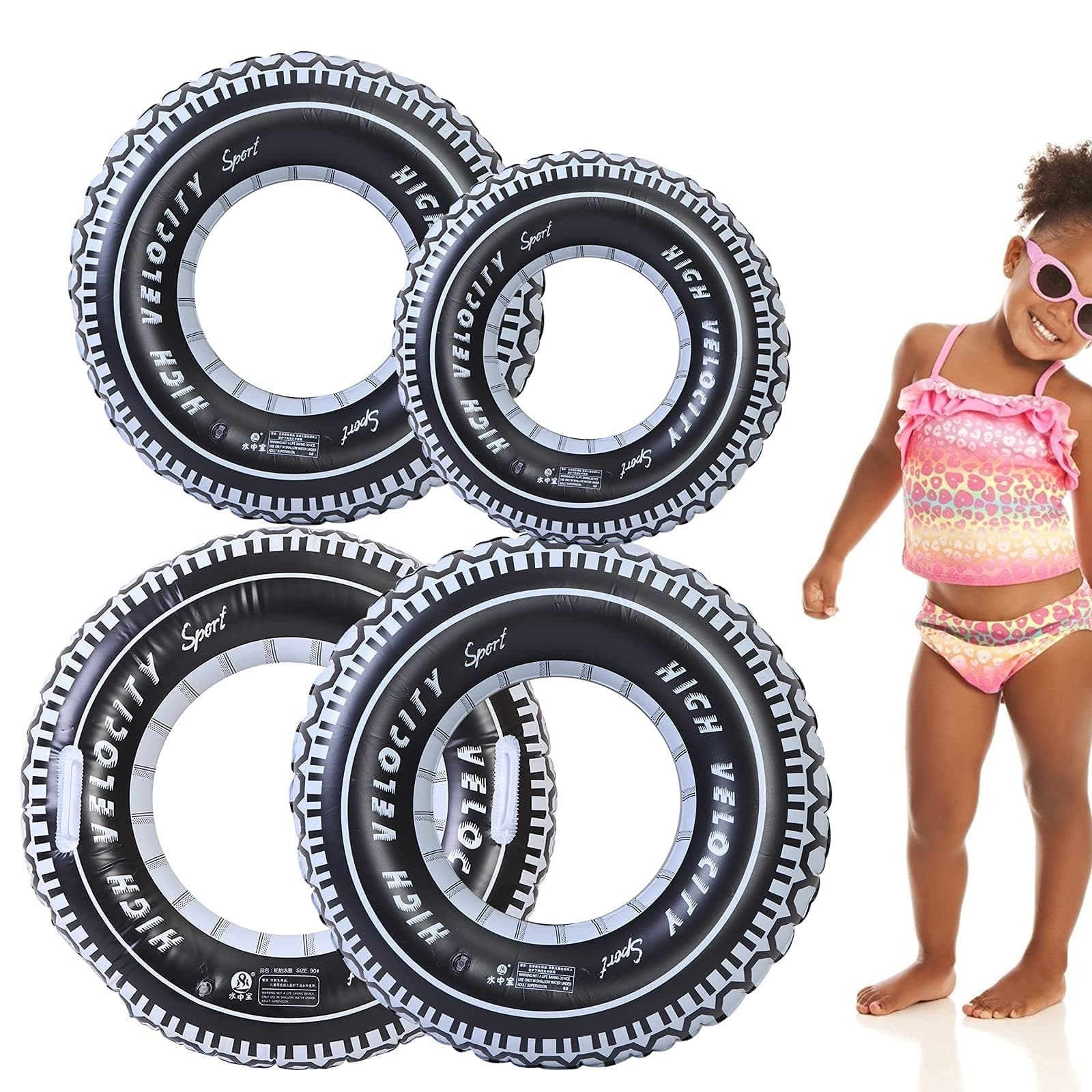 SYOSI Inflatable Pool Floats, 4 Pack Tire Tube Swim Ring, Inflatable Swim Ring with Handles, Pool Swimming Ring Pool Toys for Kids Adults Swimming Pool Beach Party Decoration (3 Sizes)
