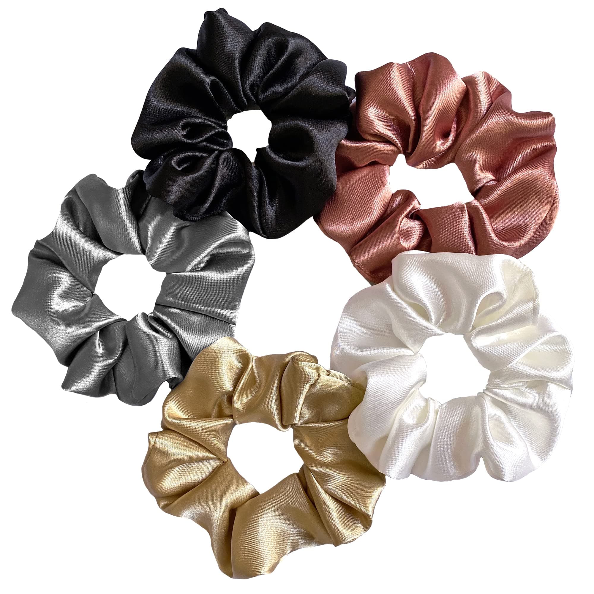 Luxury Satin Scrunchies SAME 5 COLORS AS PIC, Anti-Hair-Breakage, Hair Ties, Scrunchies Set for Girls, Women, Best gift for Sister, Friend, Mom (Classic Shades)