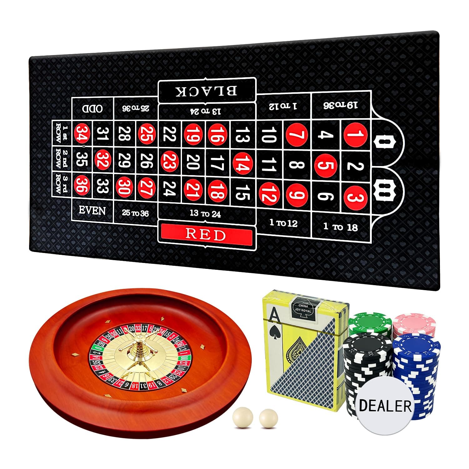 11 inch Solid Roulette Wheel Set for Adults, with 47.2 x 22.8 Inch Double Sided Table Layout Felt Mat, 100 ABS Chips, and Dealer Button Playing Cards Casino Roulette Game Sets