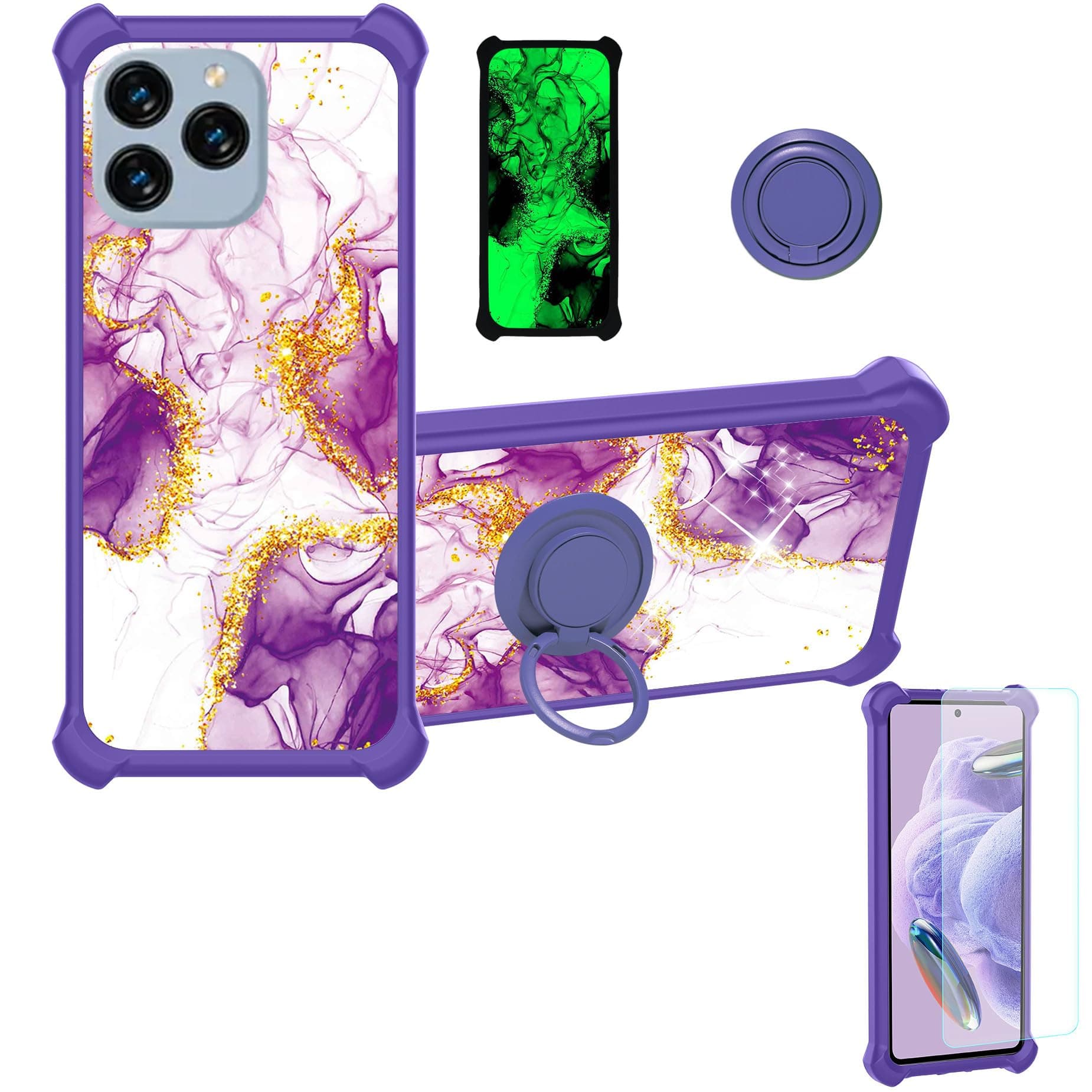 Case for Kxd Classic A07 Phone Case Cover [with Tempered Glass Screen Protector][Hard PC + Soft Silicone][Ring Support] [Gold Glitter+Luminous] JSZ-ZDL