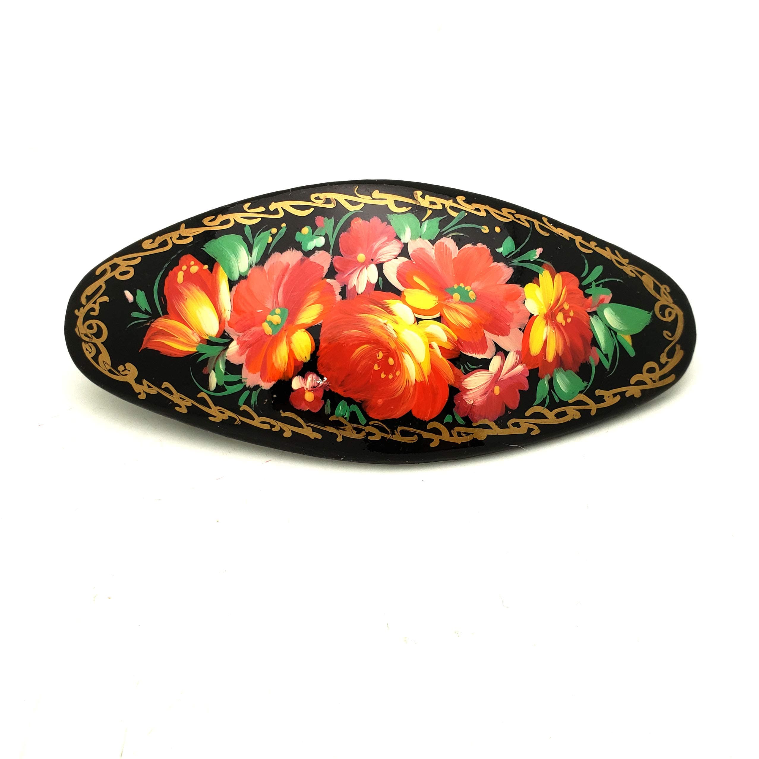Russian Hair Clip Hand Painted Black Barrette with Pink Flowers Zhostovo Style