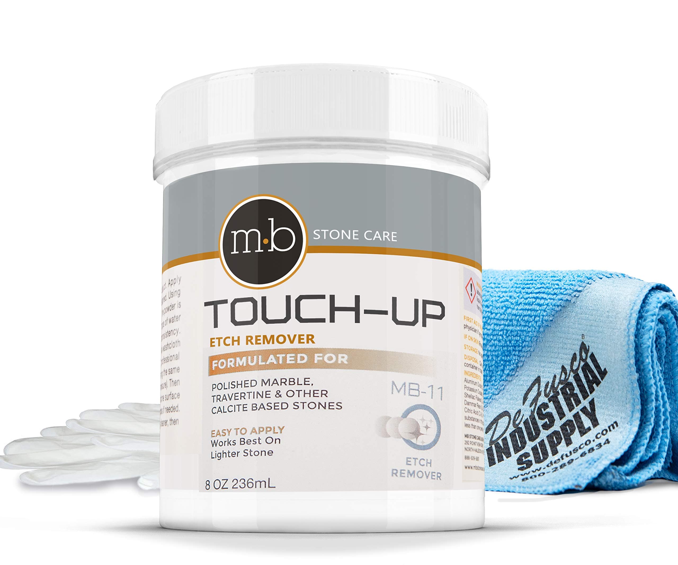 MB-11 Marble Polishing Powder with Microfiber Cloth and Gloves - Spot Polish Water Stains, Rings or Etches to Restore Marble, Travertine, Limestone or Onyx