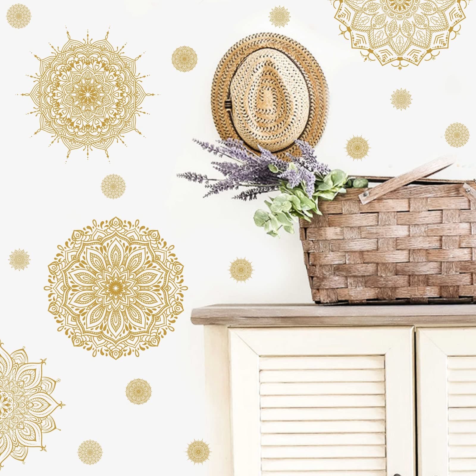 Kazova Mandala Wall Art Gold Mandala Wall Decal Lotus Flower Wall Stickers Peel and Stick Removable Mandala Floral Stickers for Bedroom Living Room Headboard Decor