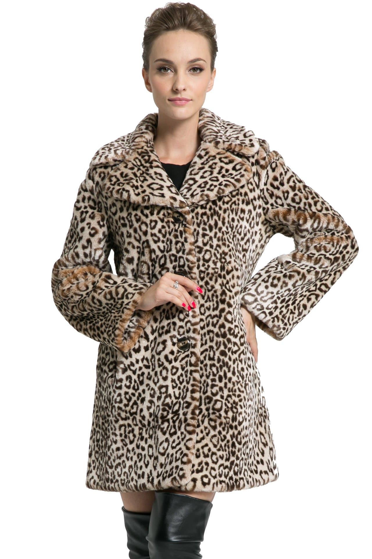Ovonzo Women's Middle Length Leopard Faux Fur Coat Brown Size XL