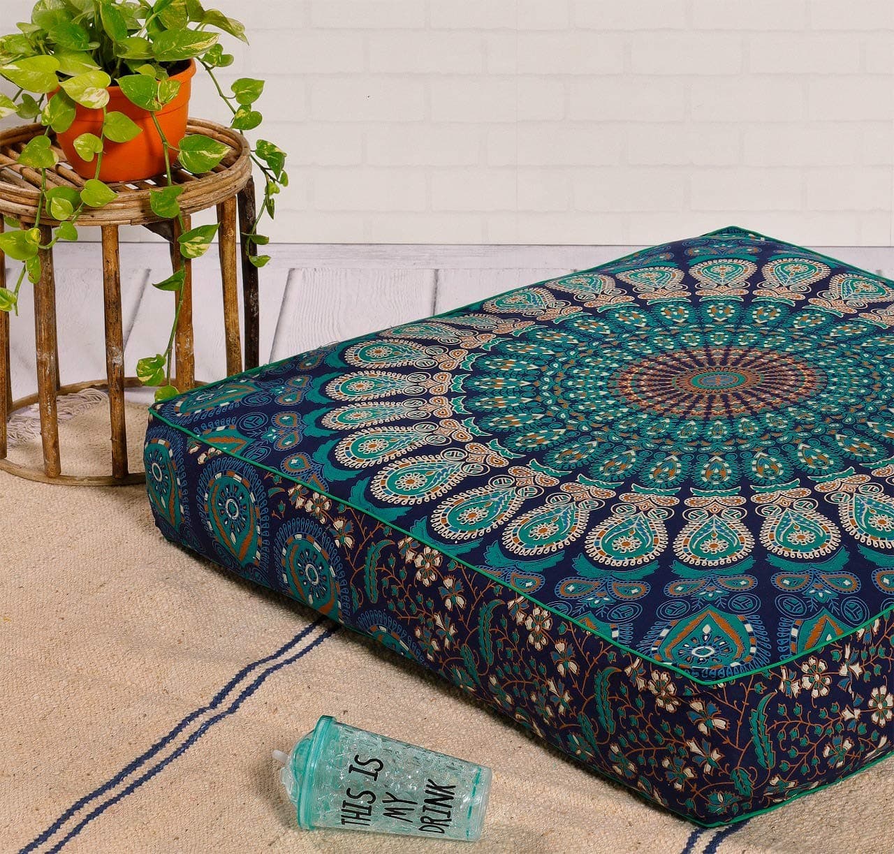 Popular Handicrafts Floor Pillow Cushion Cover - Indian Hippie Mandala Square Ottoman Daybed Oversized Cotton Cushion Cover with Heavy Duty Zipper - Dog-Pets Bed, 35" Turqouise
