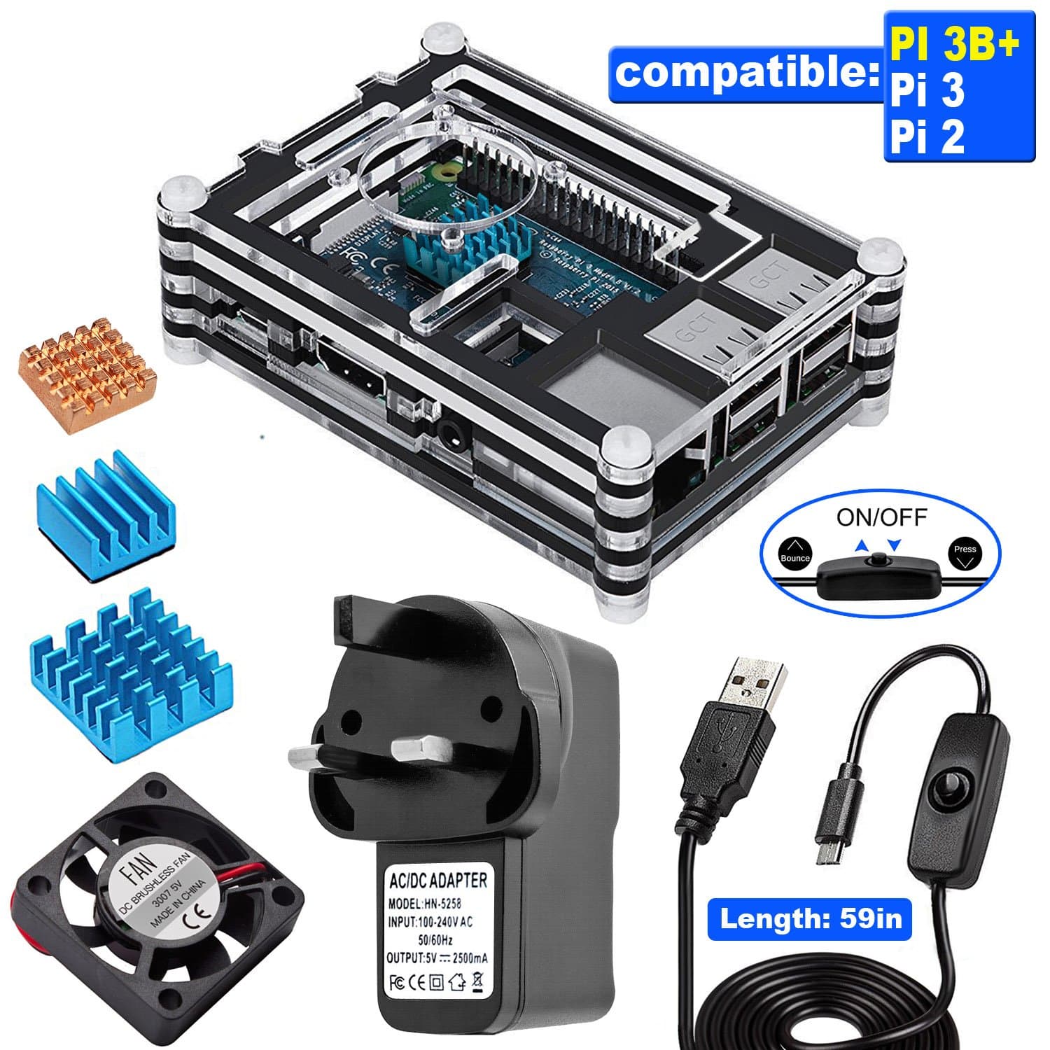 For Raspberry Pi 3 B+ Case with Cooling Fan, 3pcs Heatsinks, 5V/2.5A Power Suply with Micro USB ON/OFF Switch, Screwdriver Widely compatible For Raspberry Pi 2B/3B/3B+, not include Raspberry Pi board