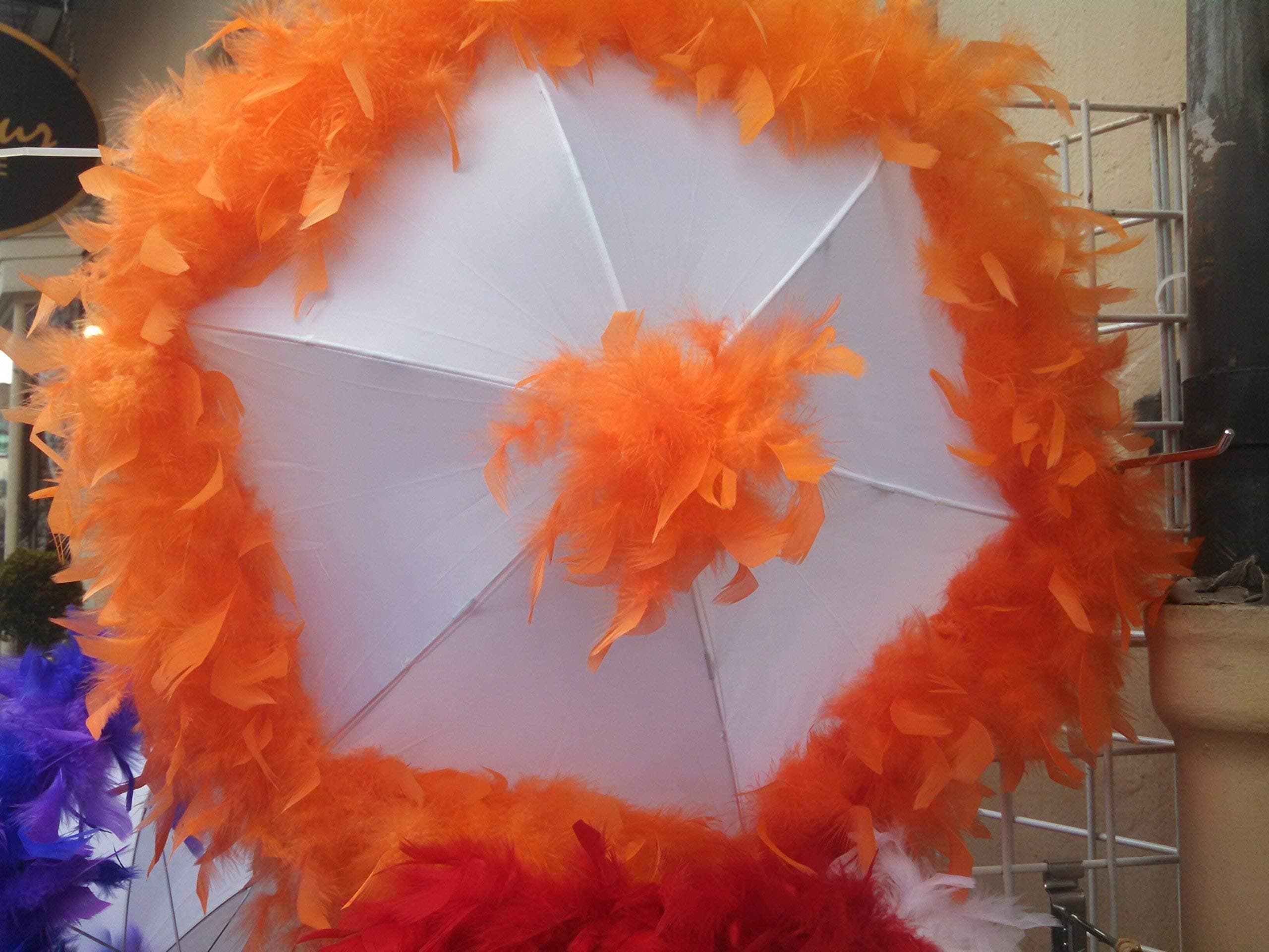 New Orleans White Second Line Parasol Umbrella with Orange Feather Accent