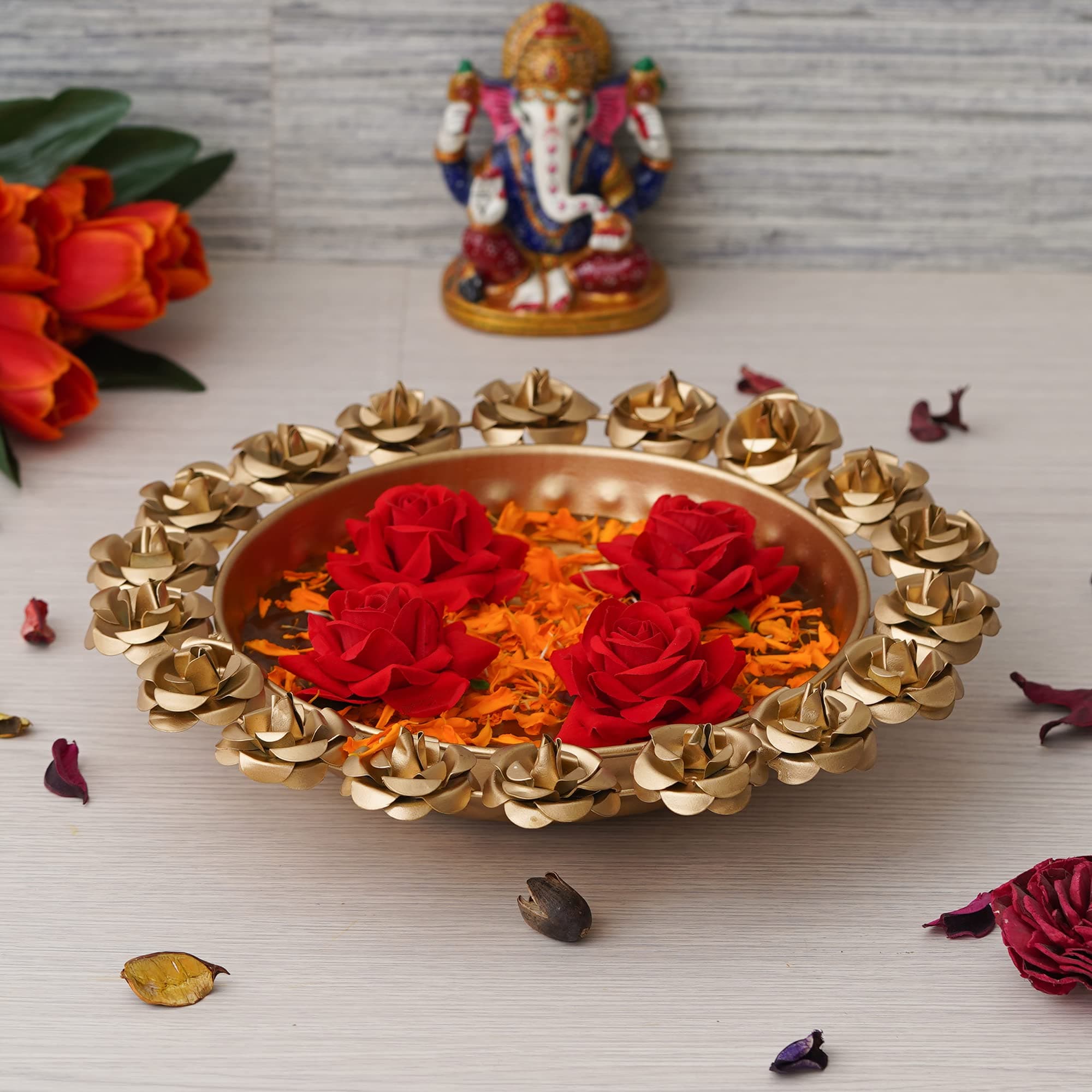 Webelkart |Decorative Round Flower Decorative Urli Bowl For Home Beautiful Handcrafted Bowl for Floating Flowers and Tea Light Candles Home ,Office and Table Decor| Diwali Decoration Items For Home Decor ( 12 Inches)