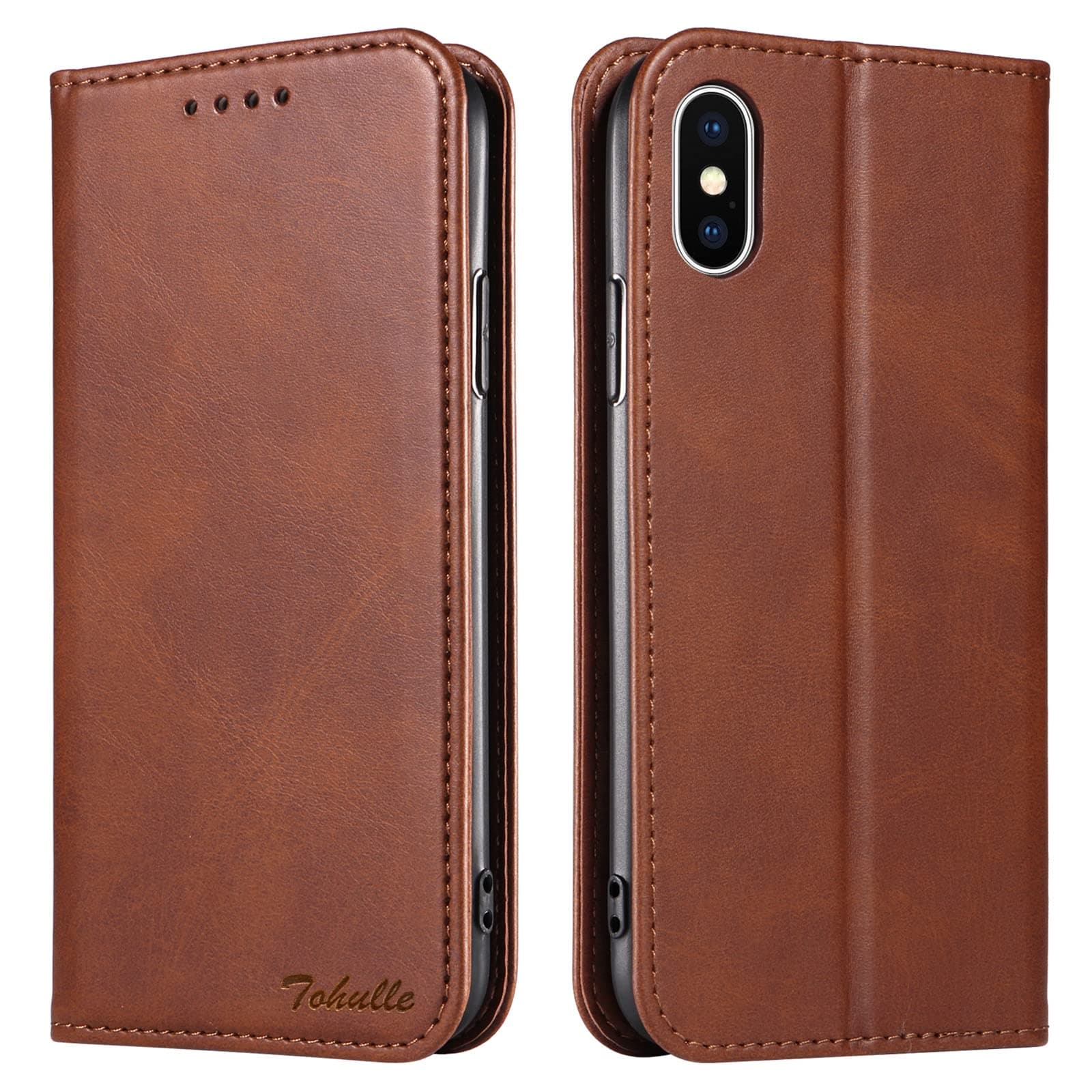 TOHULLEiPhone X Case, iPhone Xs Case, Premium PU Leather Wallet Case with Card Holder Kickstand Built-in Magnetic Closure Flip Folio Phone Cover for iPhone X/XS - Coffee Brown