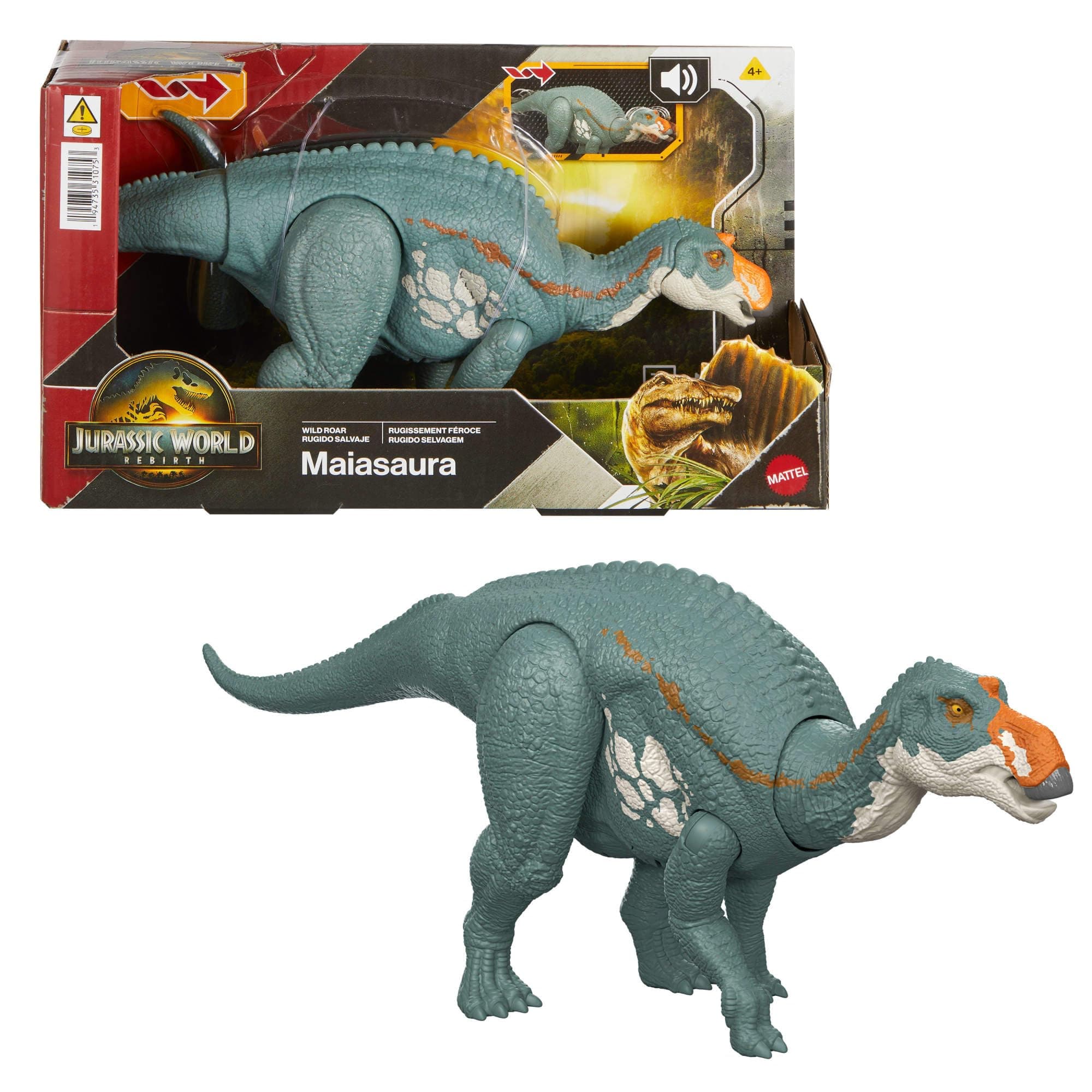 Mattel Jurassic World Rebirth Wild Roar Maiasaura Dinosaur Toy with Tail-Controlled Chomp Multi-Direction Attack & Sound, Posable & Digital Play, JGC82