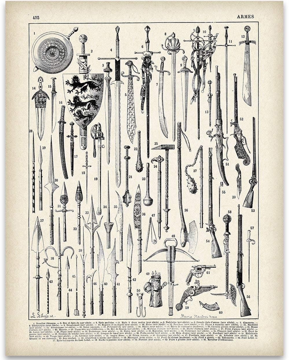 Vintage French Weapons Illustration - 11x14 Unframed Art Print - Great Gift Under $15 for History and Weaponry Buffs