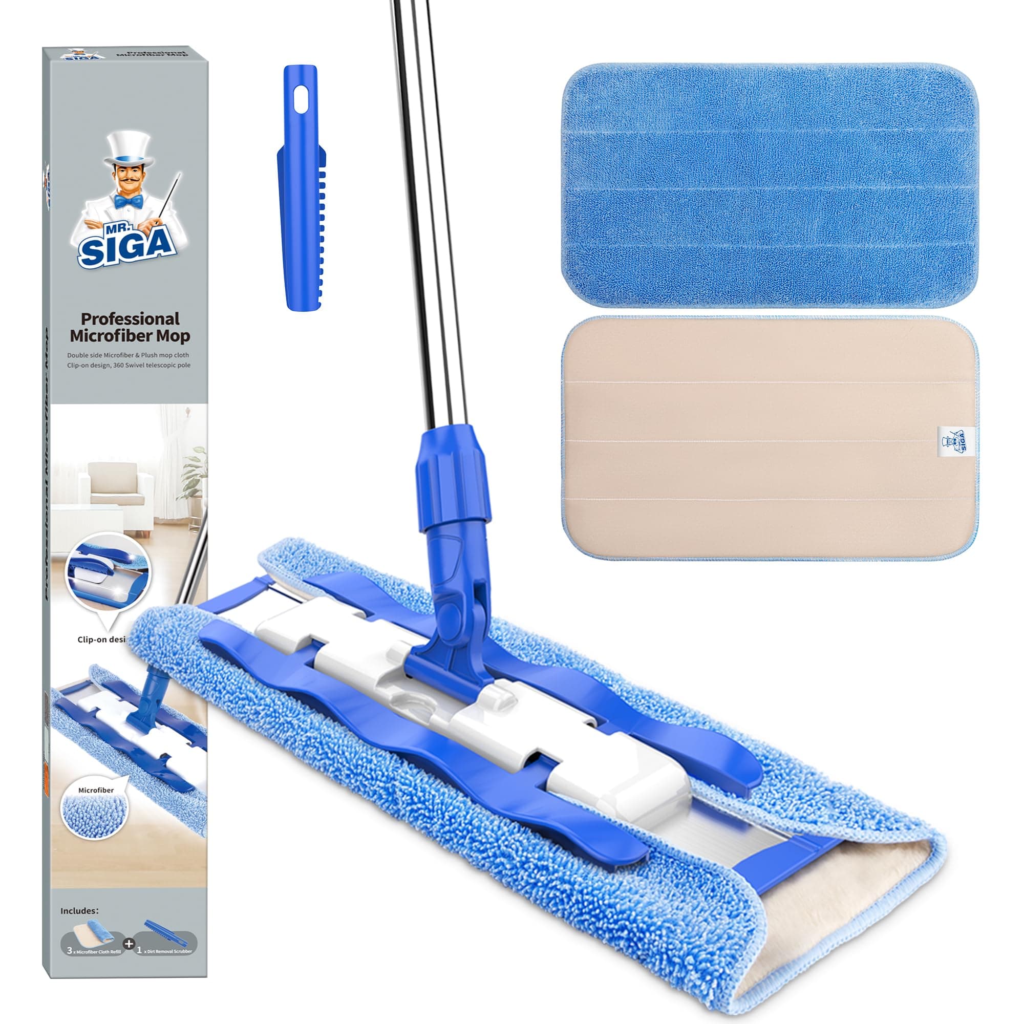 MR.SIGA MR. SIGA Professional Microfiber Mop,Stainless Steel Handle - Pad Size: 42cm x23cm, 2 Free Microfiber Cloth Refills and 1 Dirt Removal Scrubber included