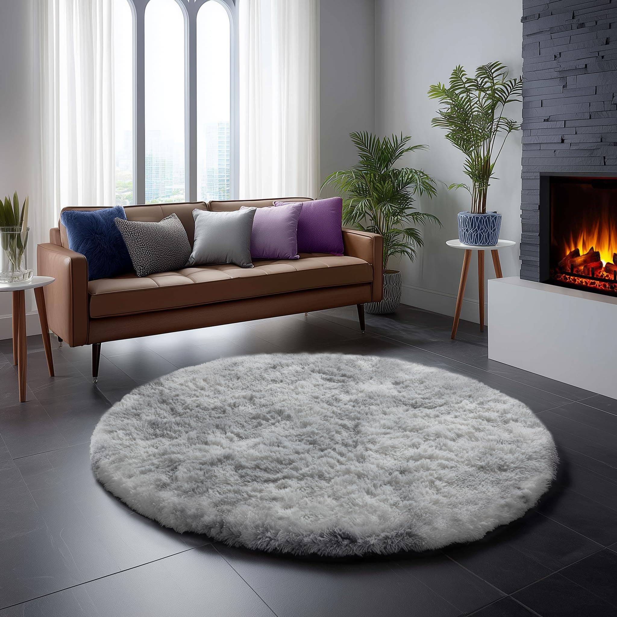 Amdrebio Tie-Dyed Light Grey Round Rugs for Living Room, 8x8 Rug, Extra Large Circle Area Rug for Bedroom, Soft Fluffy Carpet, Modern Floor Circular Rug, Big Shaggy Farmhouse Rug for Apartment