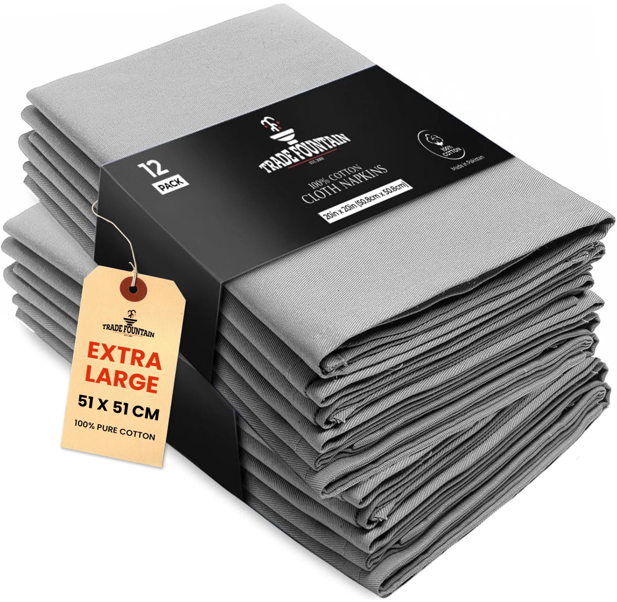 Trade Fountain Cloth Napkins Set of 12 Cotton - 50.8 x 50.8 CM Reusable Napkins - Oversized Cotton Napkins Made of Pure Cotton Fabric - Used as Dinner Napkins (Grey)