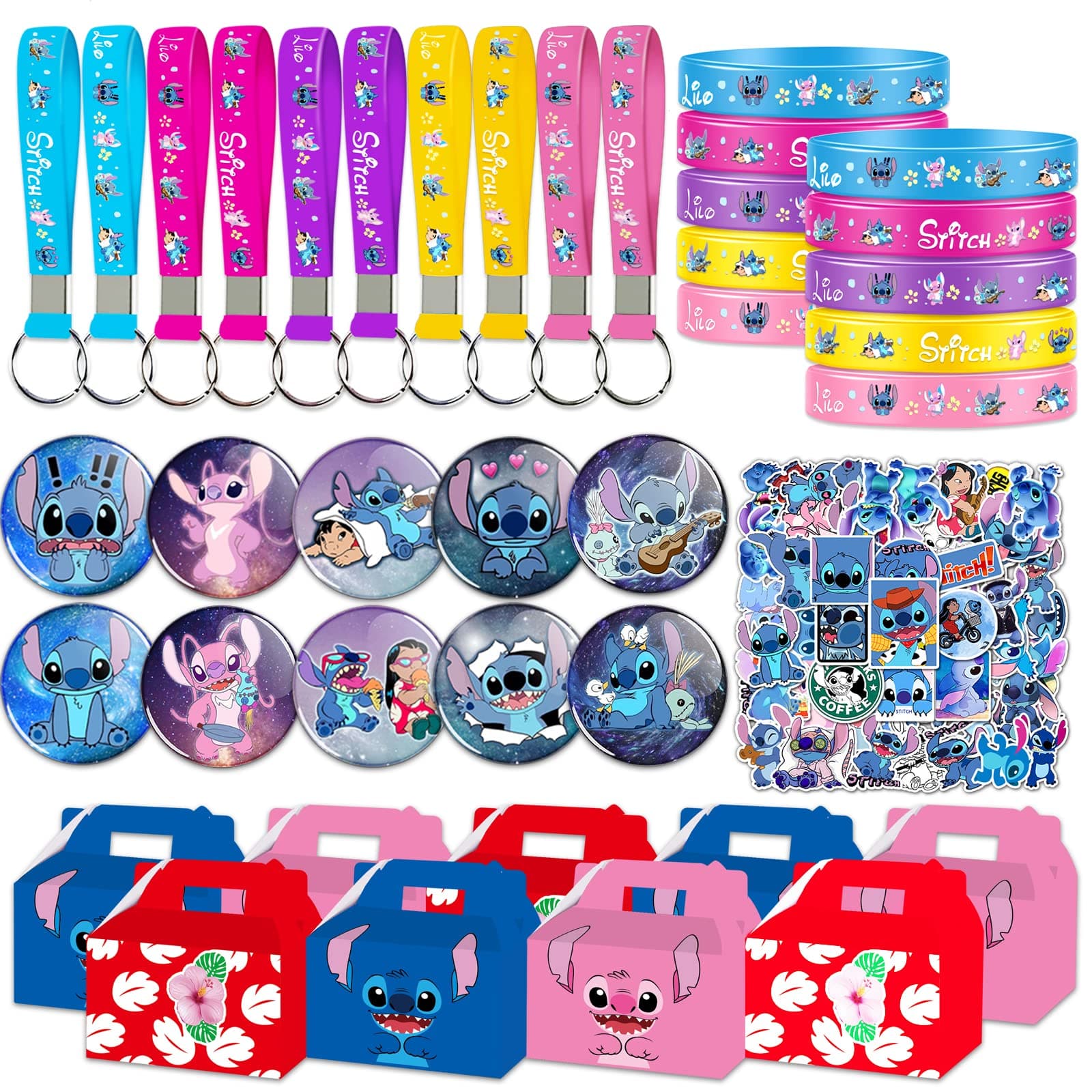 Stitch Party Favor, lilo Birthday Party Supplies Kit Includes 10 Bracelets,10 Keychain, 10 Button Pins, 50 Stickers and 9 Boxes for Stitch Themed Party Decor